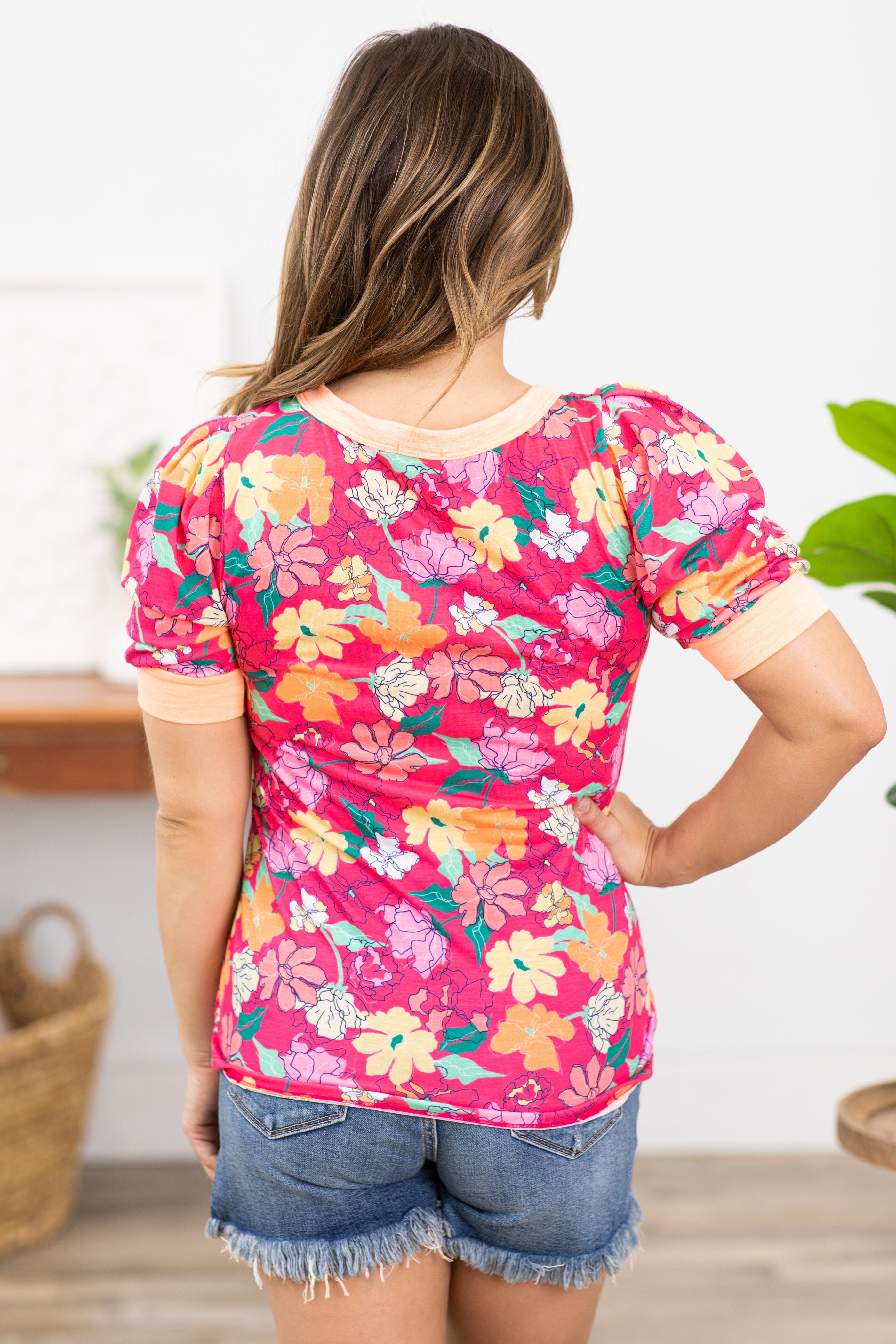 Pink Multicolor Floral Contrast Trim Top