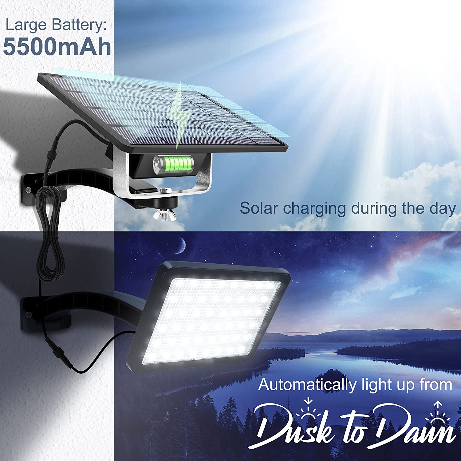JACKYLED Solar Lights Outdoor Flood Light 1000LM 5500mAh for Wall Porch Shed Barn Garage Waterproof