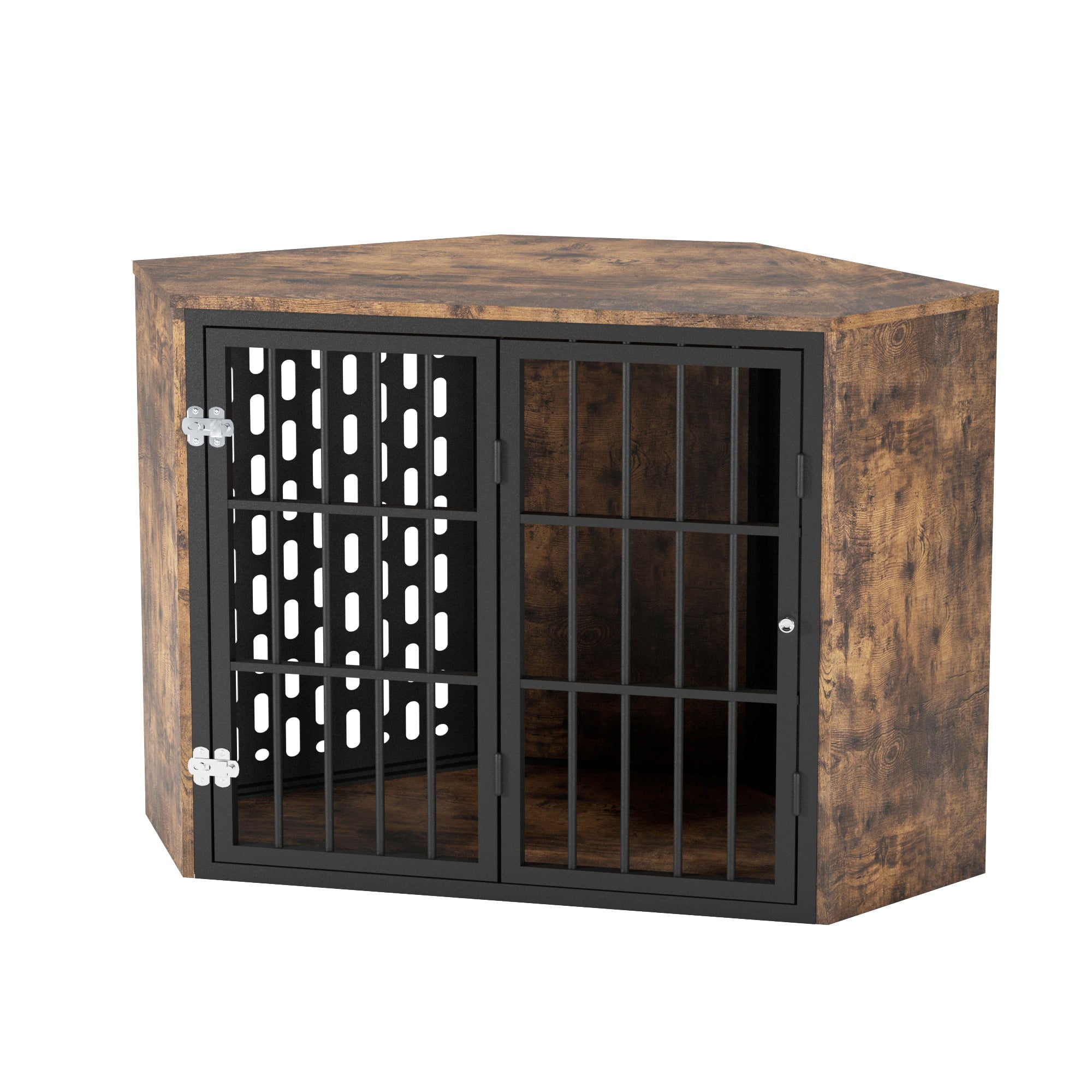 Corner Dog Crate Furniture for Small to Medium Dog， Wood Dog Kennel for Trained Dogs， Rustic Brown