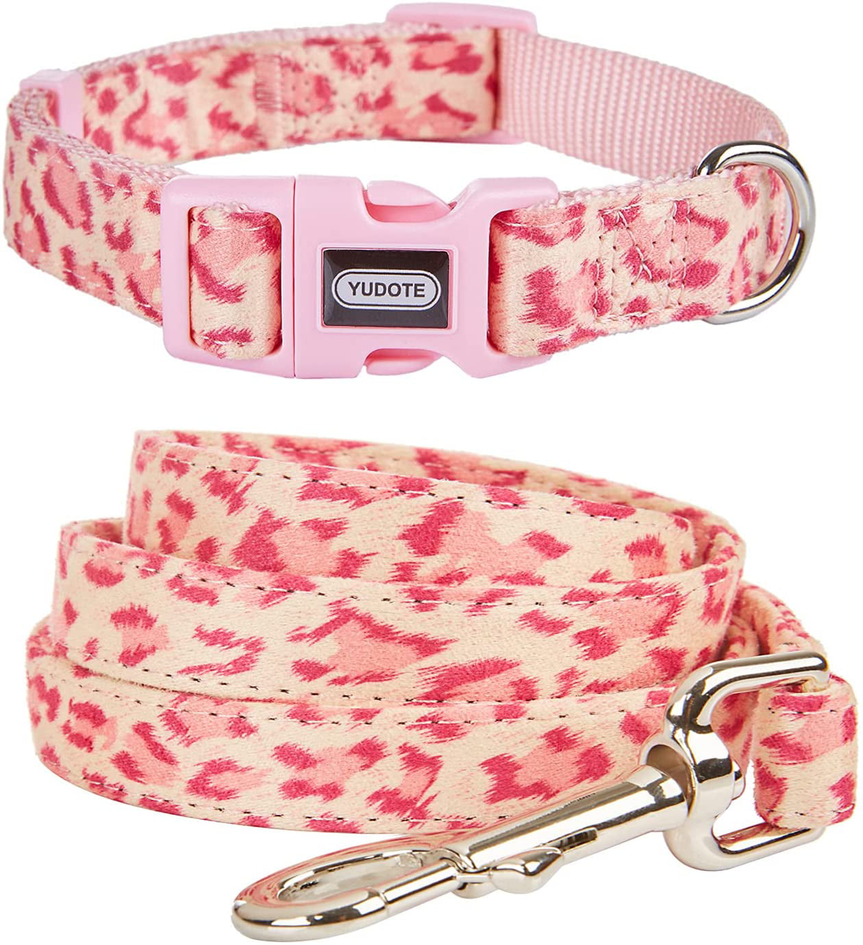 YUDOTE Funky Dog Collar and Leash Set Small Soft Strong Coller Lead Combo with Premium Flocking Fabric for Small Sized Breeds Daily Walking，Pink Leopard Pattern