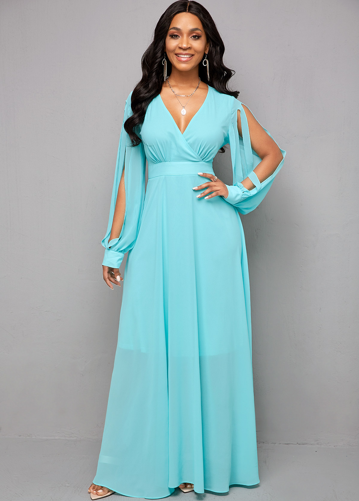 Cutout Sleeve V Neck Maxi Dress