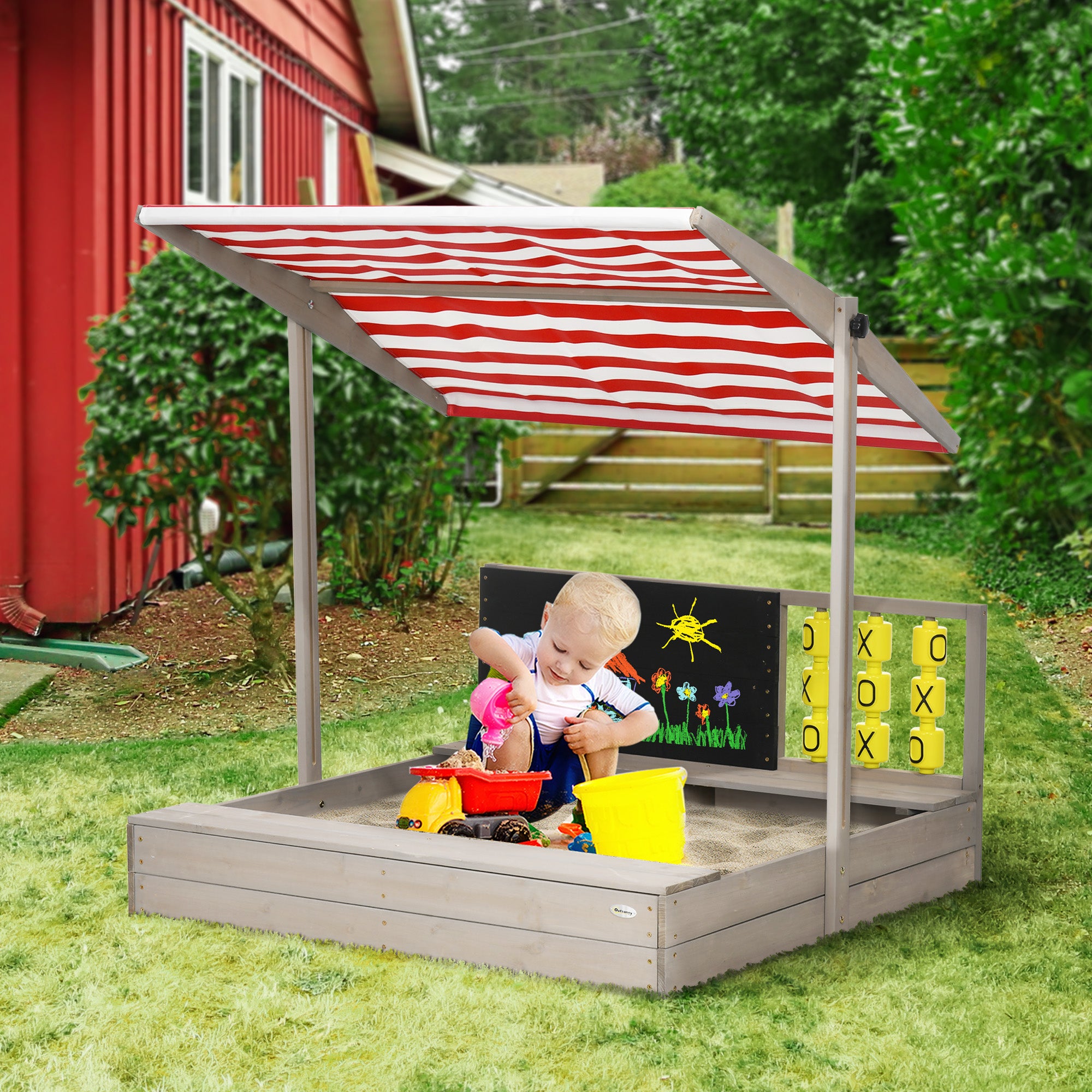 Outsunny Kids Sandbox with Canopy， Bench Seats Wooden Sand Pit， Backyard Toy with Chalkboard， Tic Tac Toe Game， Gift for Girls and Boys， Ages 3-7