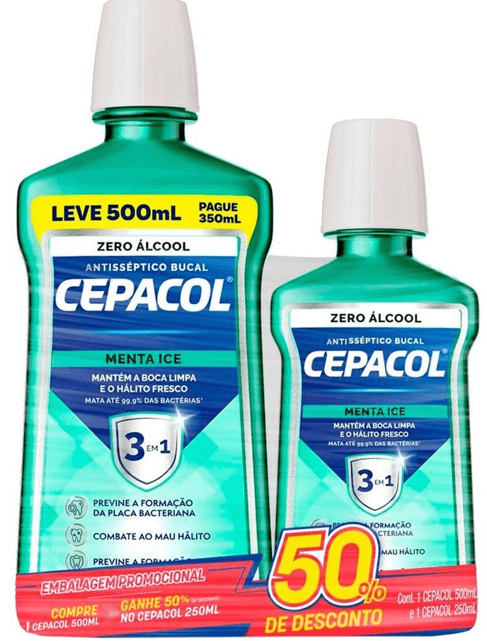 Enxaguante Bucal 500ml + Enxaguante Bucal 250ml Zero Alcool Menta Ice Cepacol Gratis 50% Desconto Cepacol 250ml
