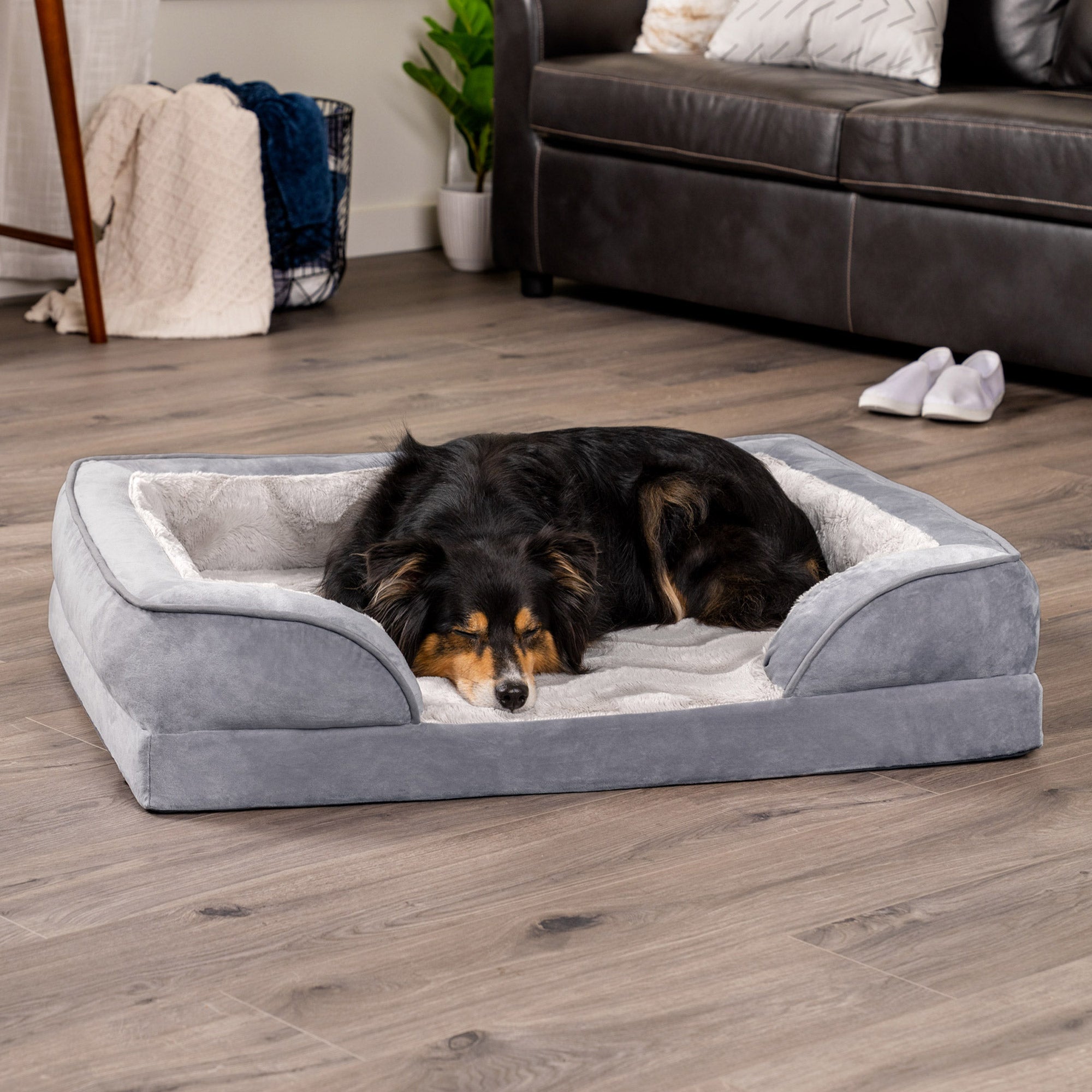 FurHaven Pet Products | Convolute Orthopedic Perfect Comfort Velvet Waves Sofa-Style Couch Pet Bed for Dogs and Cats， Granite Gray， Large