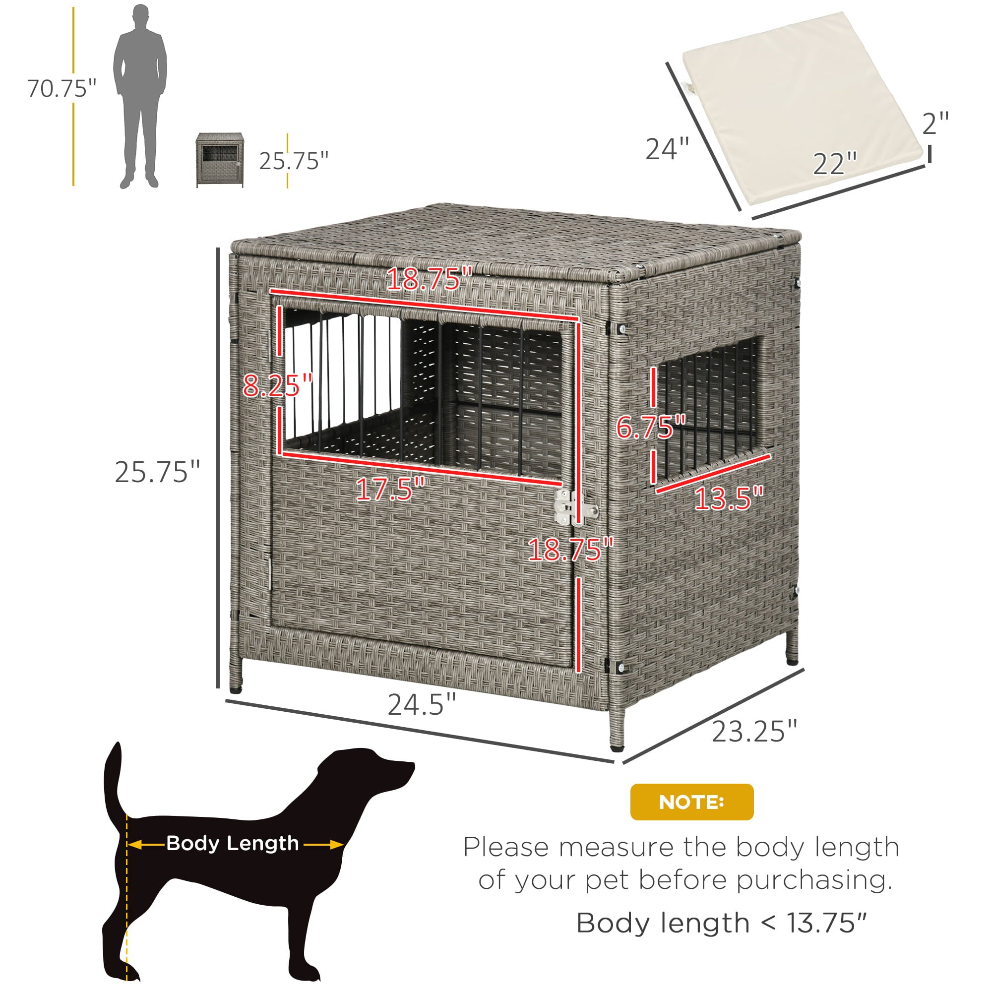 PawHut Rattan Dog Crate， Wicker Dog Cage with Lockable Door and Soft Washable Cushion， Dog Kennel Furniture for Small Sized Dogs， Grey