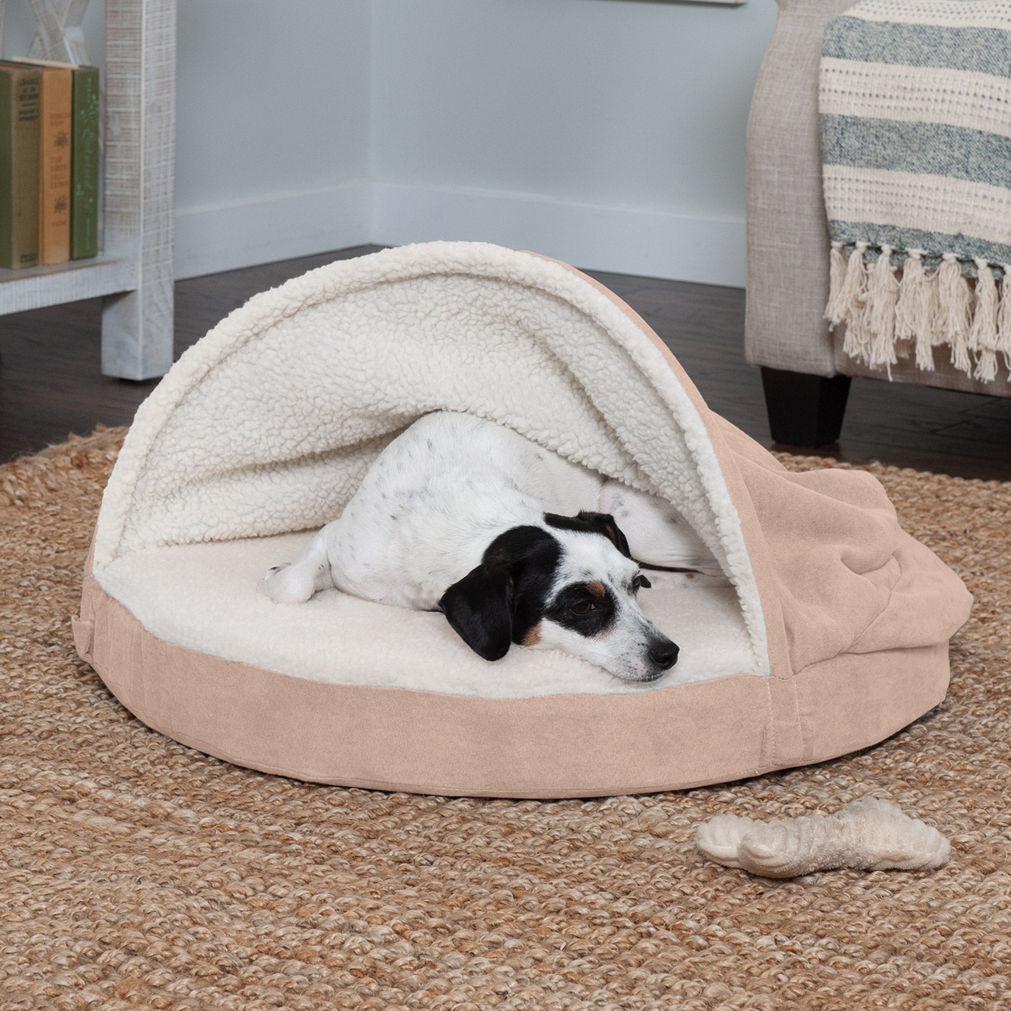 FurHaven | Orthopedic Faux Sheepskin Snuggery Burrow Pet Bed for Dogs and Cats， Cream， 26-Inch