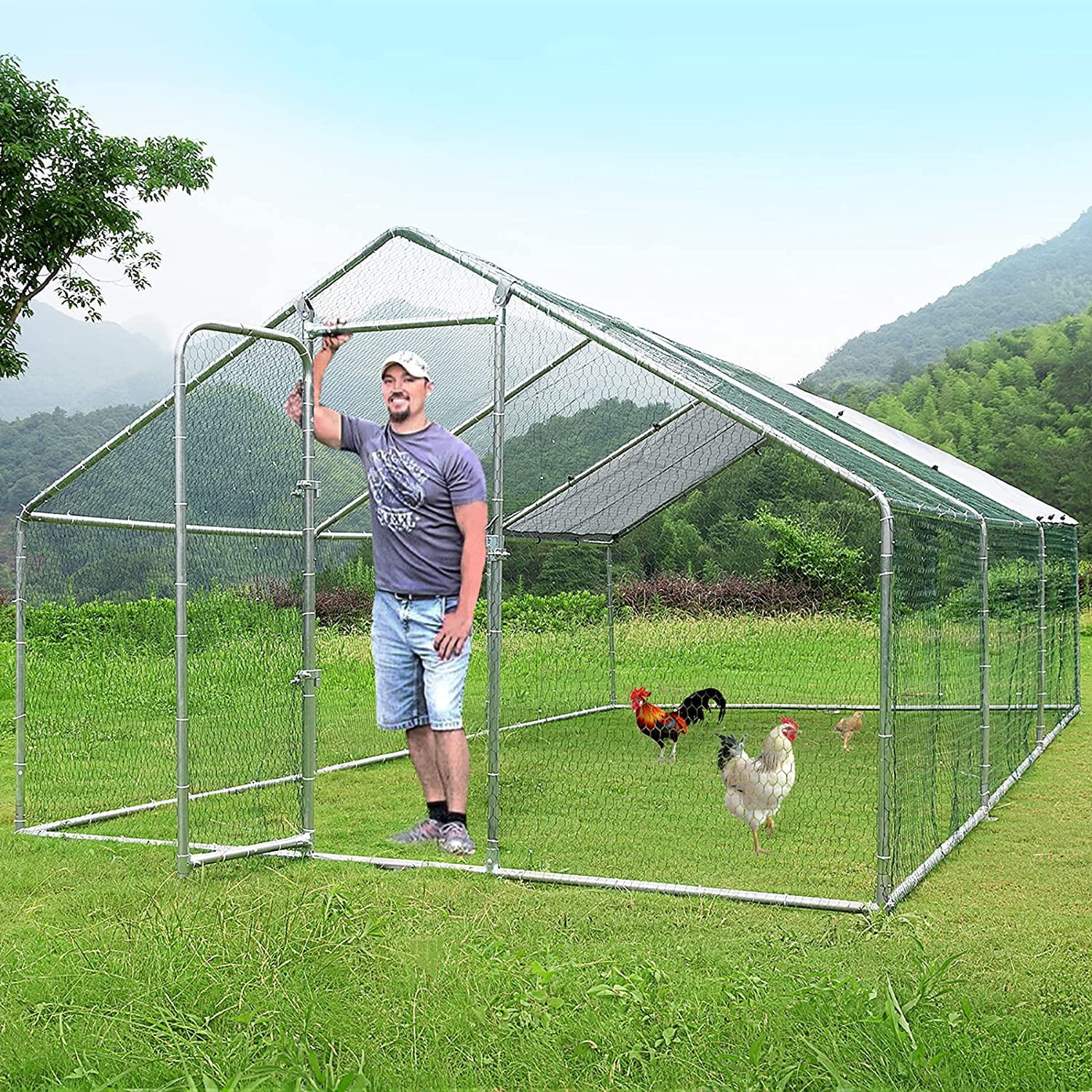 Waleaf Large Metal Chicken coop Run for Yard with Cover， Large Walk in Chicken cage for Outside，Galvanized Rabbits Duck Run and coops，Chicken Pen with Waterproof Cover for Outdoor，Backyard and Farm