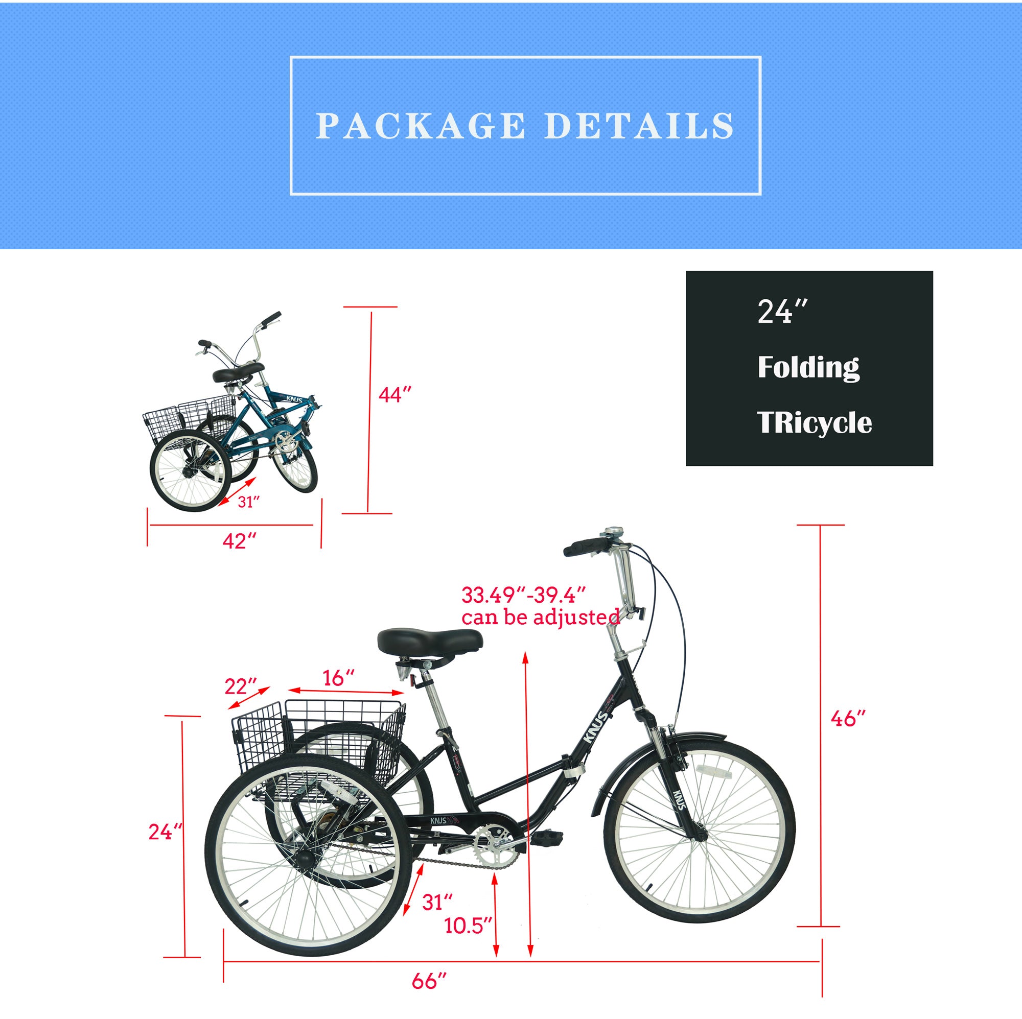 Adult Folding Tricycles 3 Wheel WInstallation Tools with Low Step-Through， Large Basket， Foldable Tricycle for Adults， Women， Men--BLACK