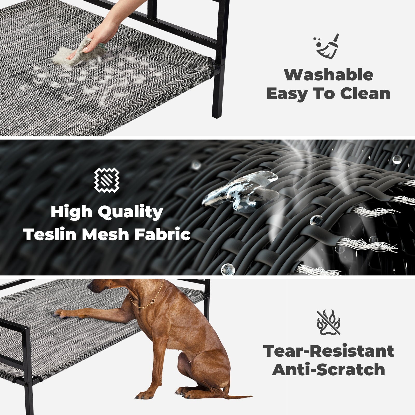 Veehoo Metal Elevated Dog Bed， Cooling Raised Pet Cot with Washable Mesh， Large， Black Silver