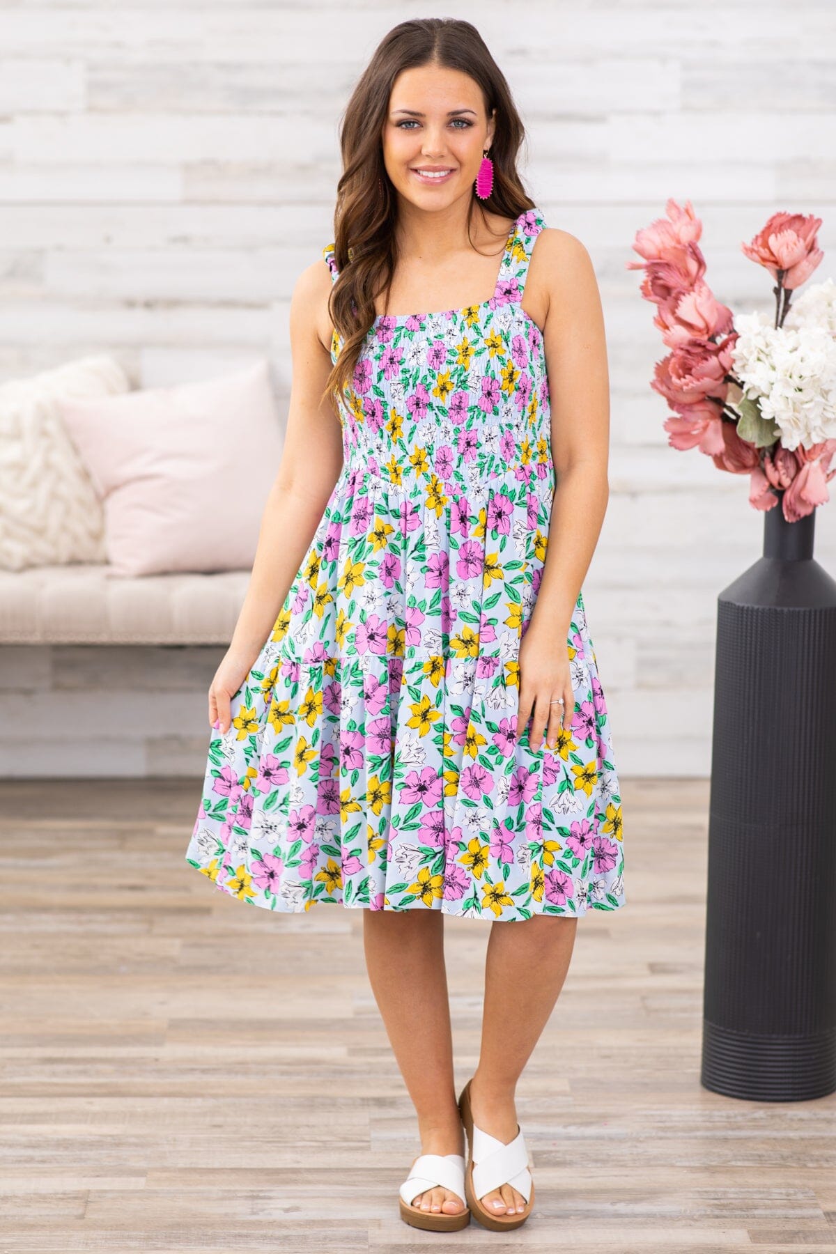 Pink Multicolor Floral Smocked Bodice Dress