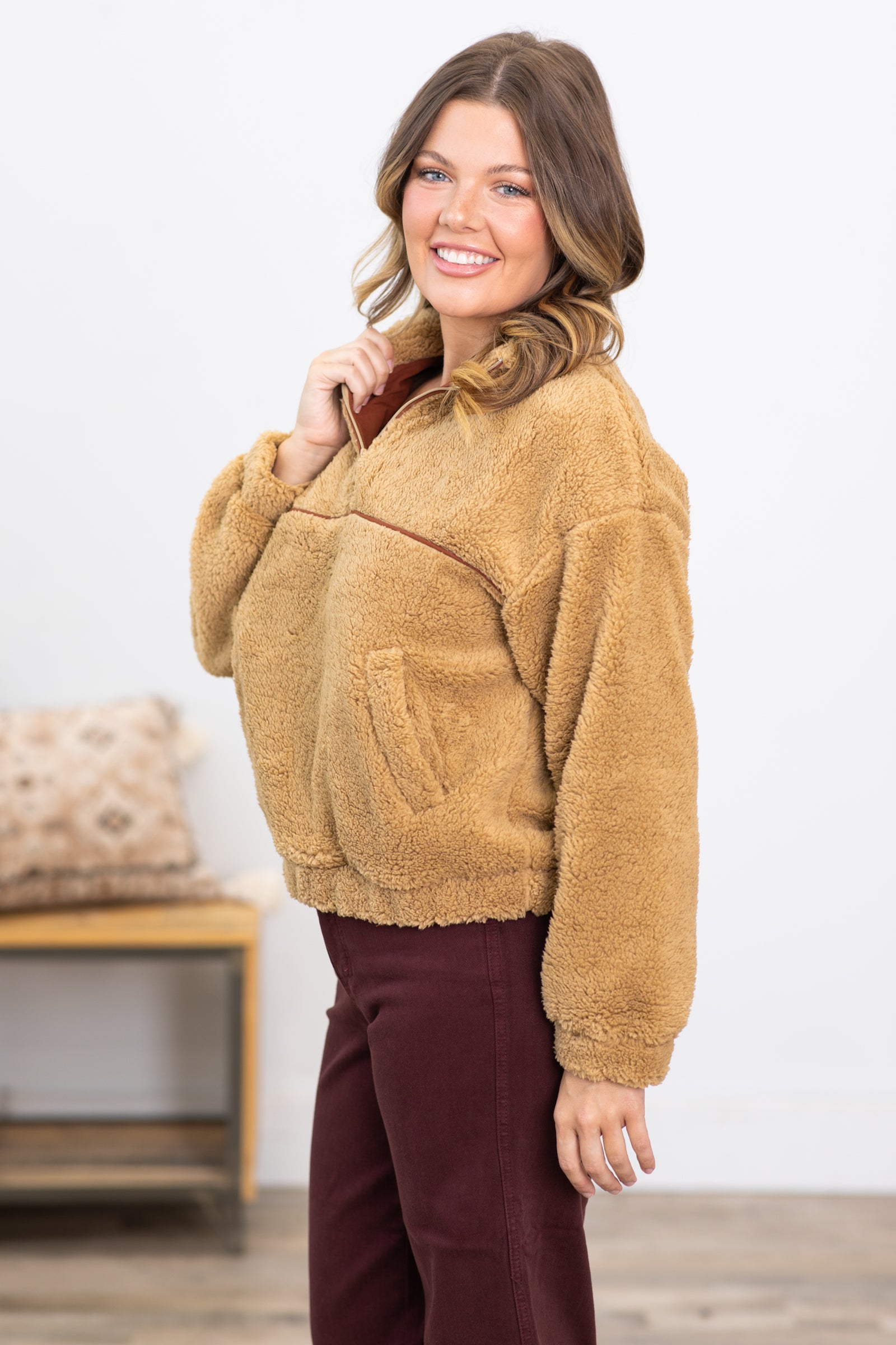 Tan Sherpa 1/4 Zip Pullover With Pockets