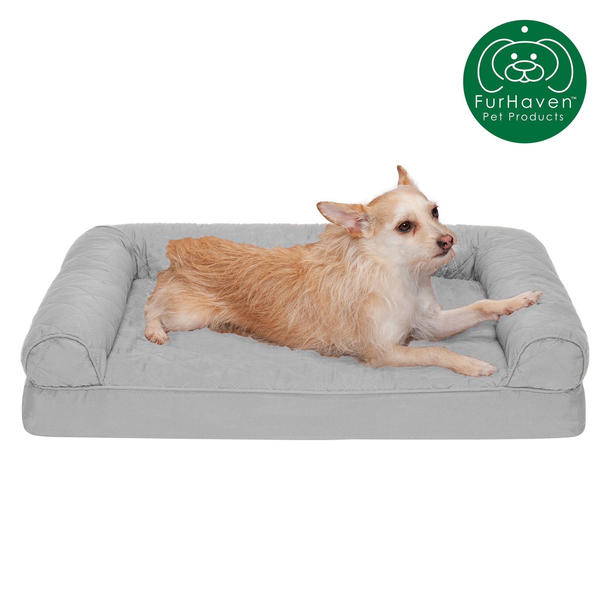 FurHaven | Orthopedic Quilted Sofa Pet Bed for Dogs and Cats， Silver Gray， Medium