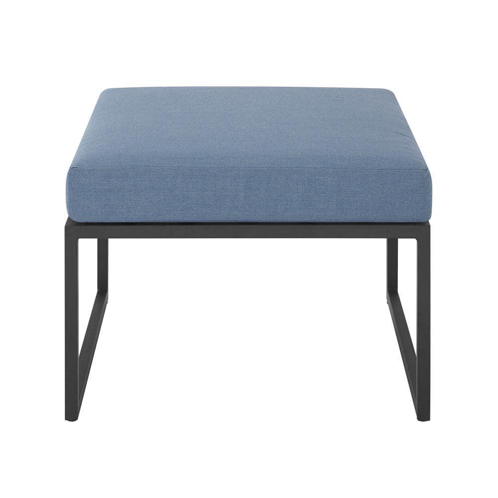 Welwick Designs Metal Modern Outdoor Patio Ottoman with Blue Cushion