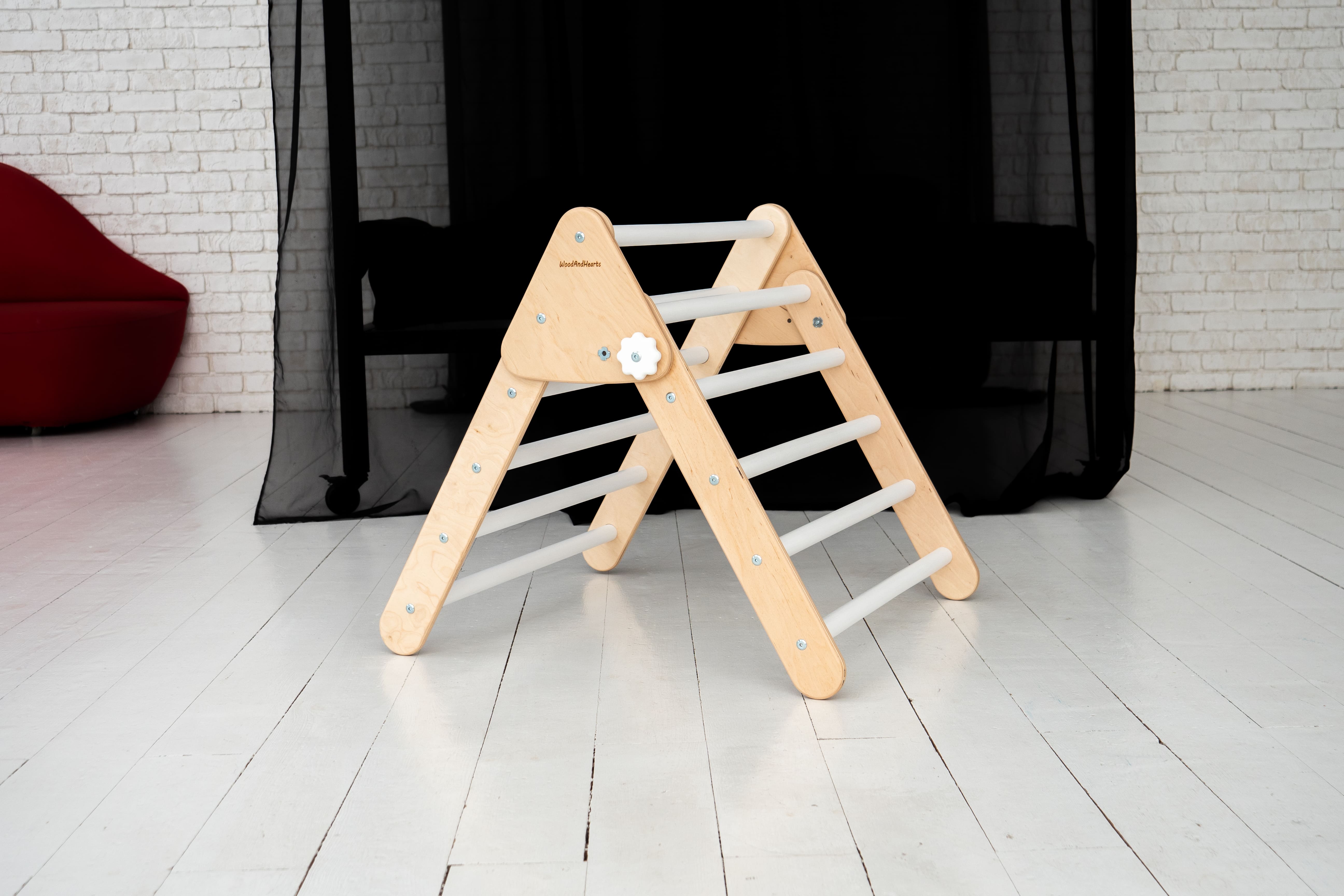 Woodandhearts Montessori Triangle， Wooden ladder， Climbing arch， Wooden toy， Activity baby gym， Natural and White color， Small size， for Kids from 8 month to 4 years