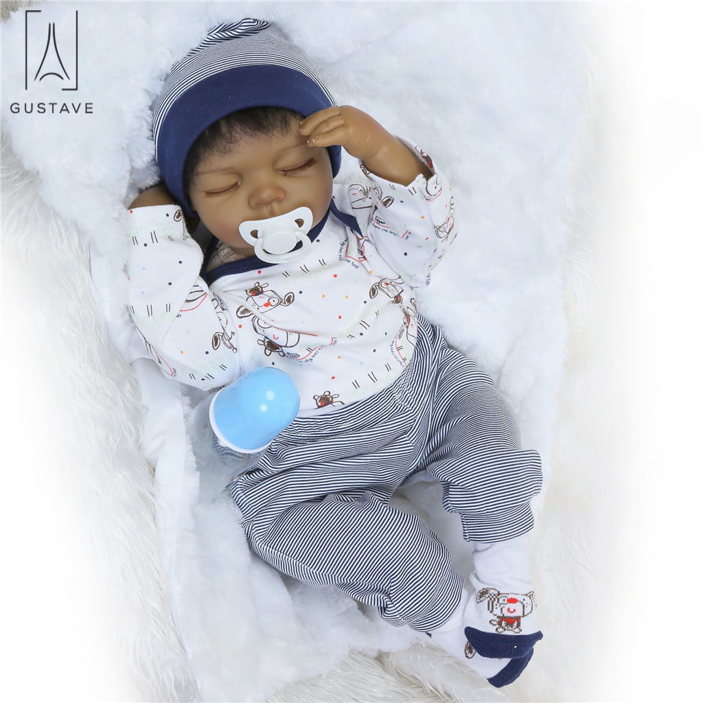 Gustave 22 Inch Reborn Baby Dolls Soft Silicone Vinyl Sleeping Black Boy Baby Dolls Lifelike Newborn Realistic India dolls for Xmas Gift