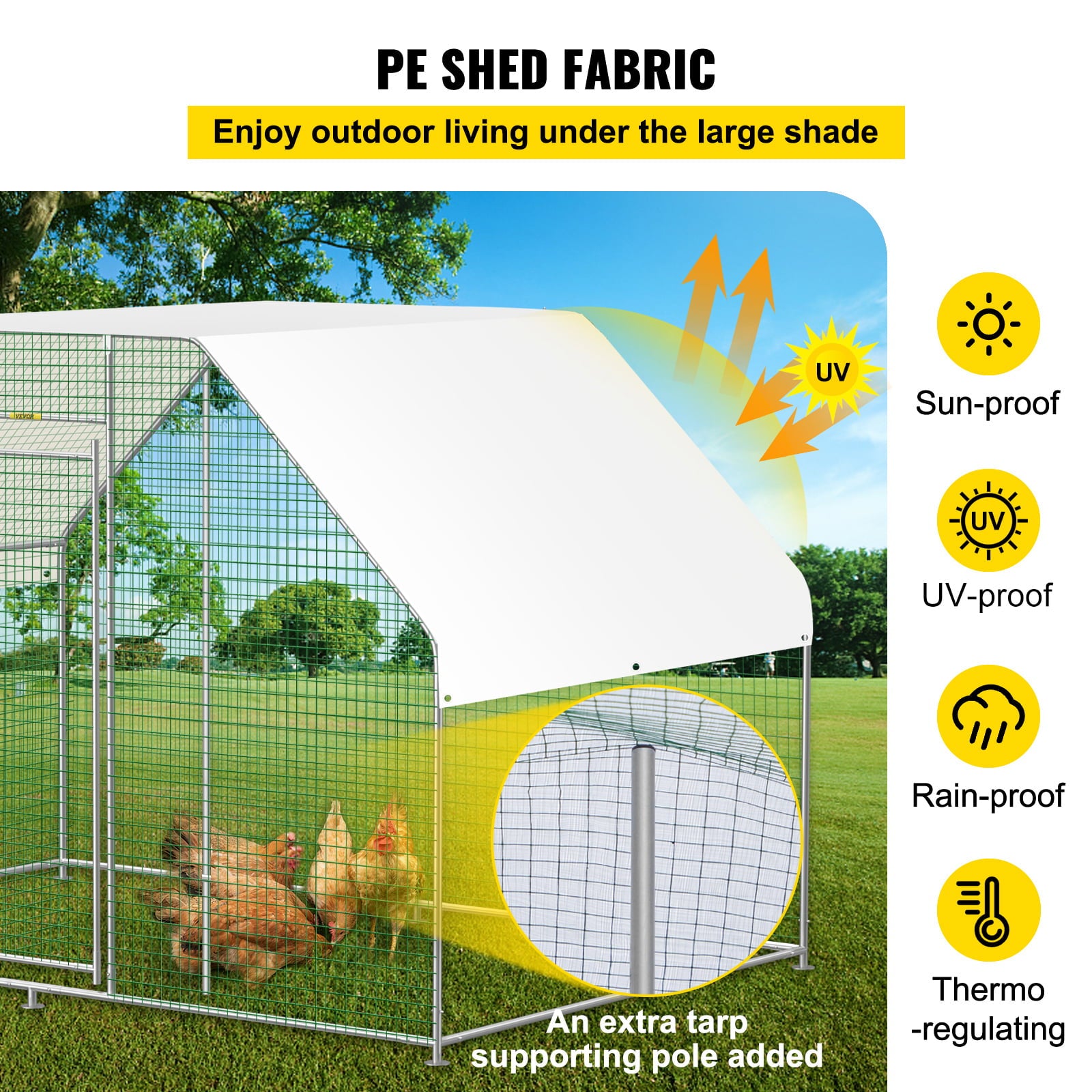 VEVORbrand Chicken Run Coop 10×6ft Large Metal Chicken Coop Flat Shaped， Walk-in Hen Cage， Outdoor Poultry Cage with Waterproof Cover for Backyard