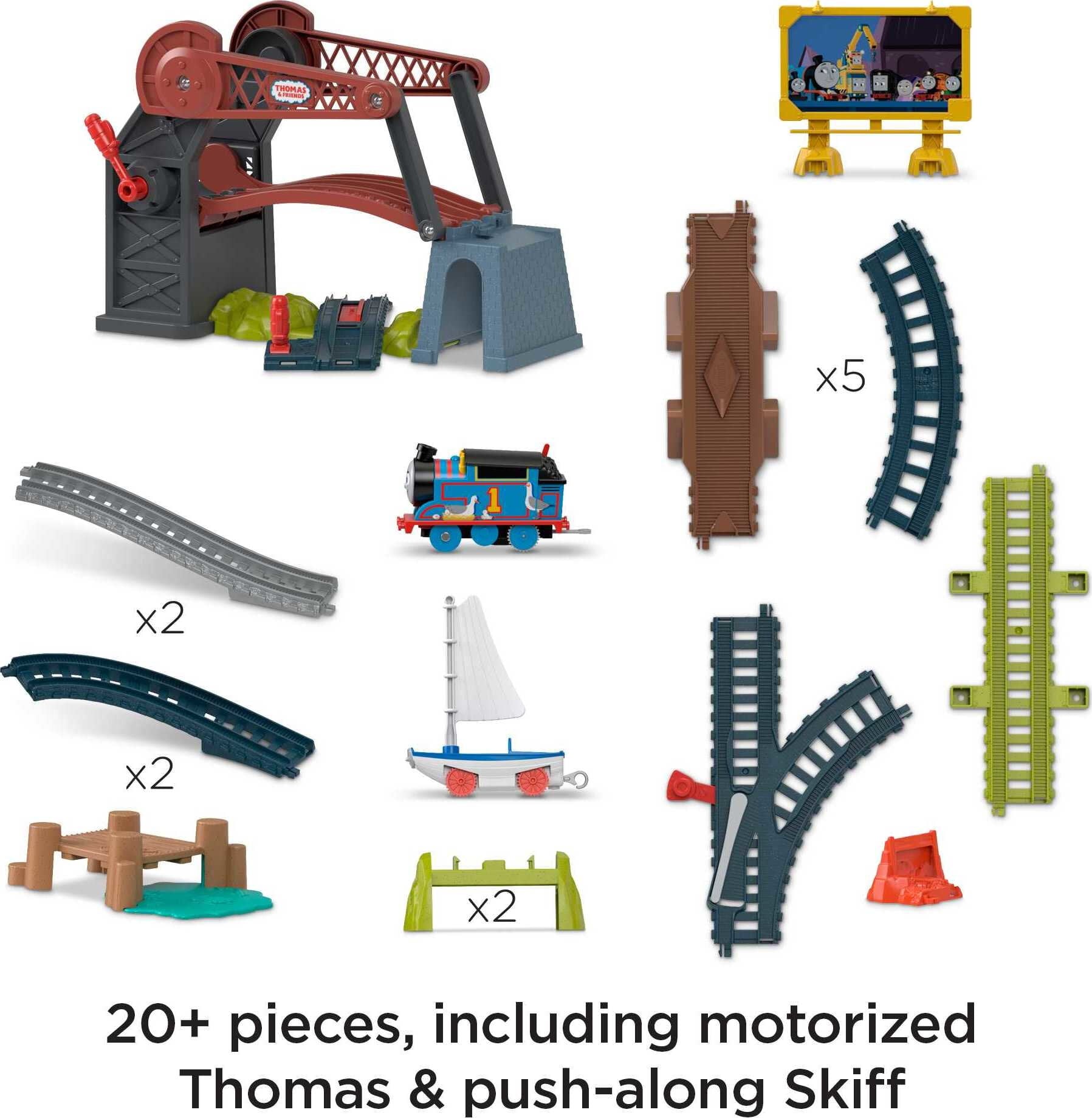 Thomas and Friends Bridge Lift Thomas and Skiff Toy Train Set with Motorized Engine and Boat