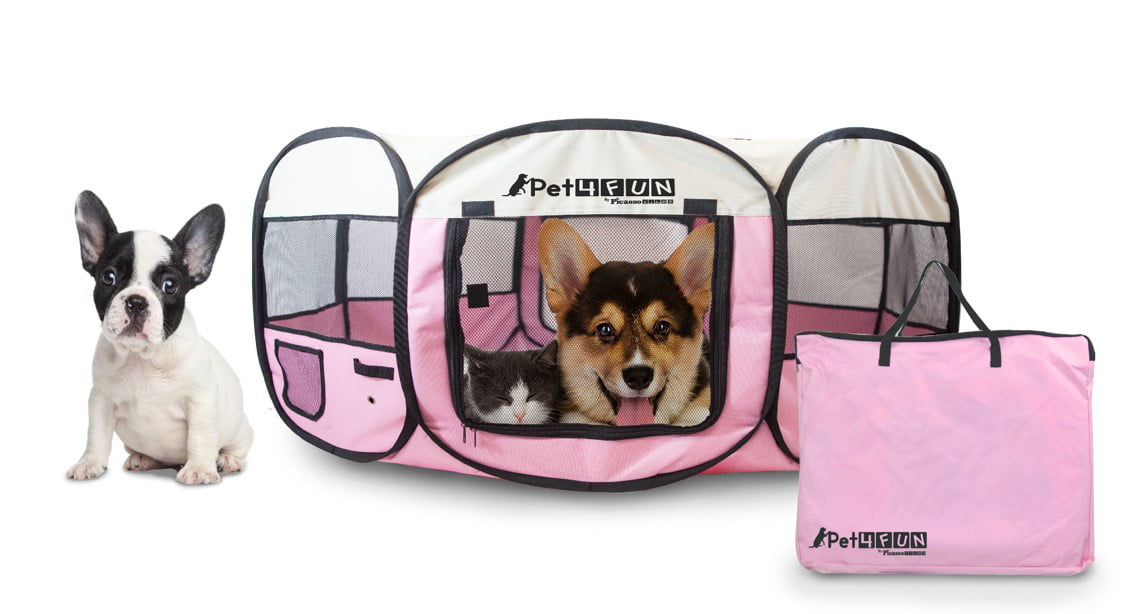 PicassoTiles Pet4Fun Portable Dog Playpen， Pink， 35