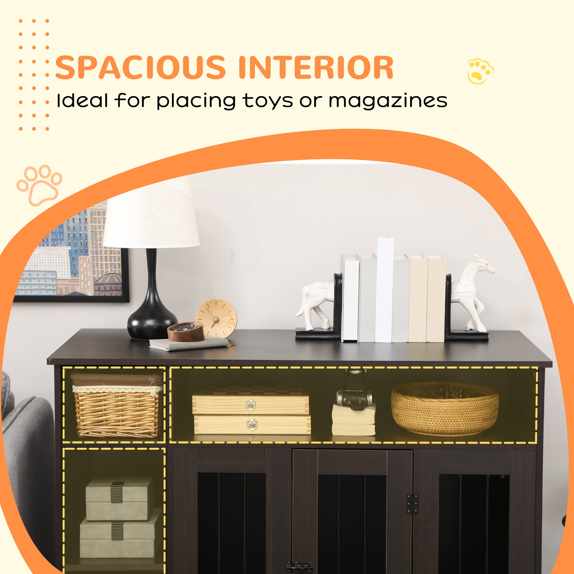 PawHut Dog Crate Furniture with Storage Space， Dog Kennel with Lockable Door， Pet Cage for Large Medium Dogs， 47