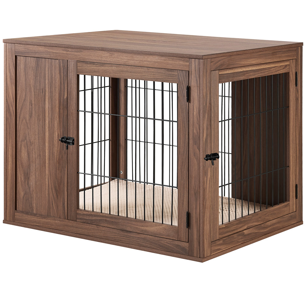 Unipaws Dog Crate End Table with Cushion， Wooden Wire Pet Kennels with Double Doors