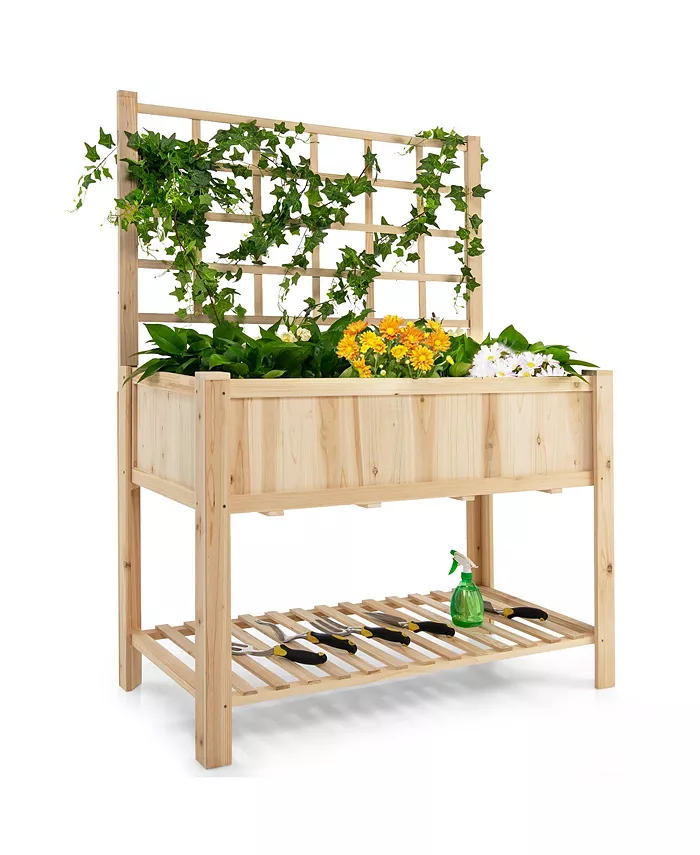 Costway Raised Garden Bed Elevated Wooden Planter Box with Trellis Open Storage Shelf