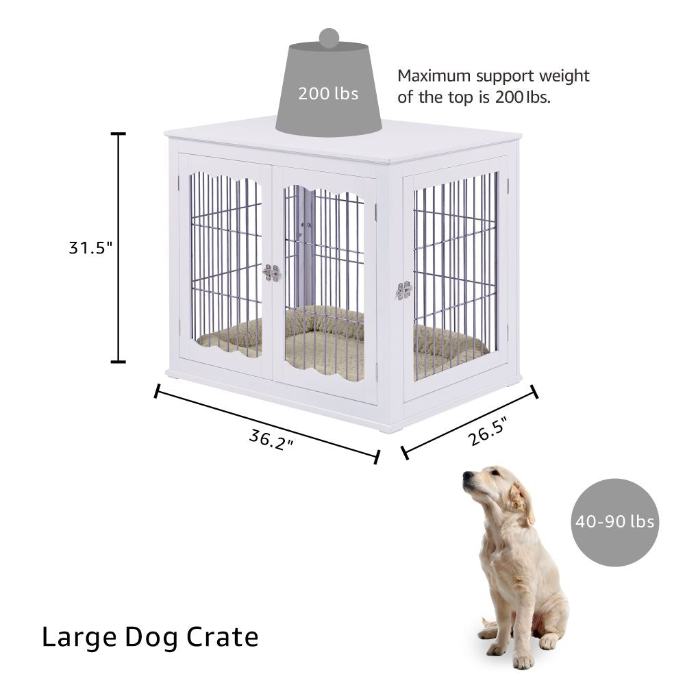 Unipaws Large Dog Crate， Pet Kennel Furniture Style， Metal Wired， White
