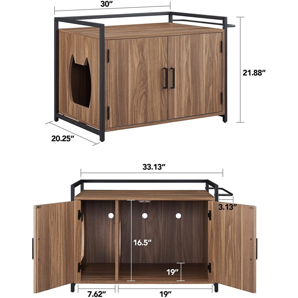 Penck Hidden Cat Litter Box Furniture with Ventilation and Bench Seat， Pet Crate with Iron and Wood Sturdy Structure