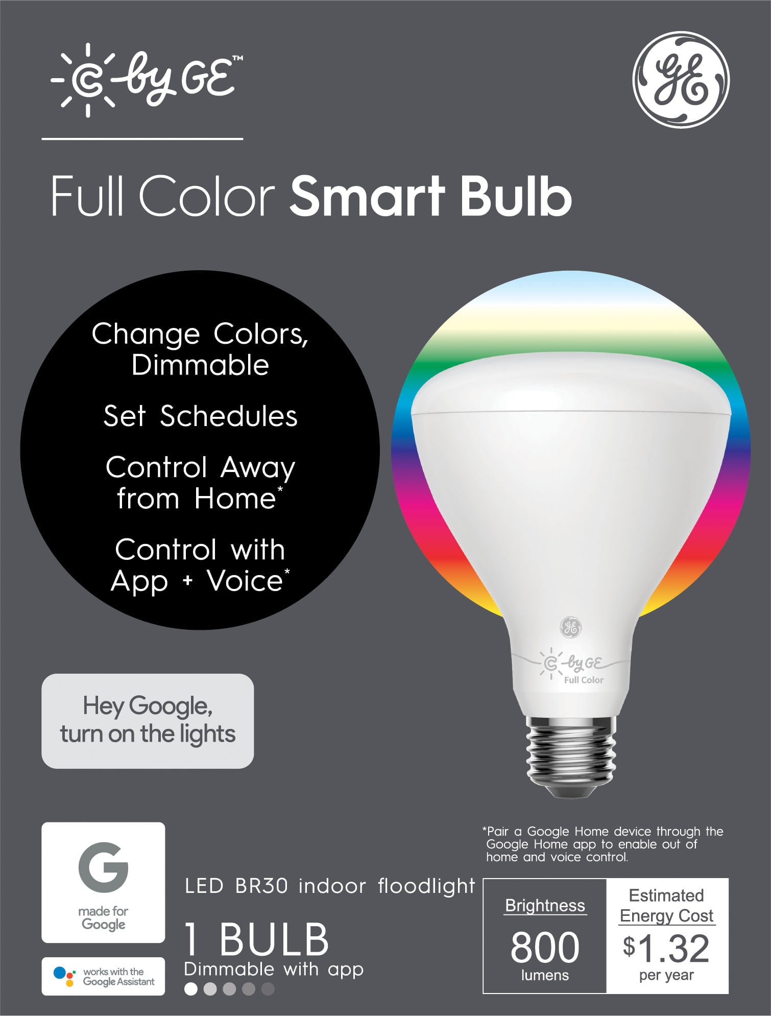 GE CYNC Smart LED Indoor BR30 Floodlight Bulb， Full Color， 180 Degree Beam Spread