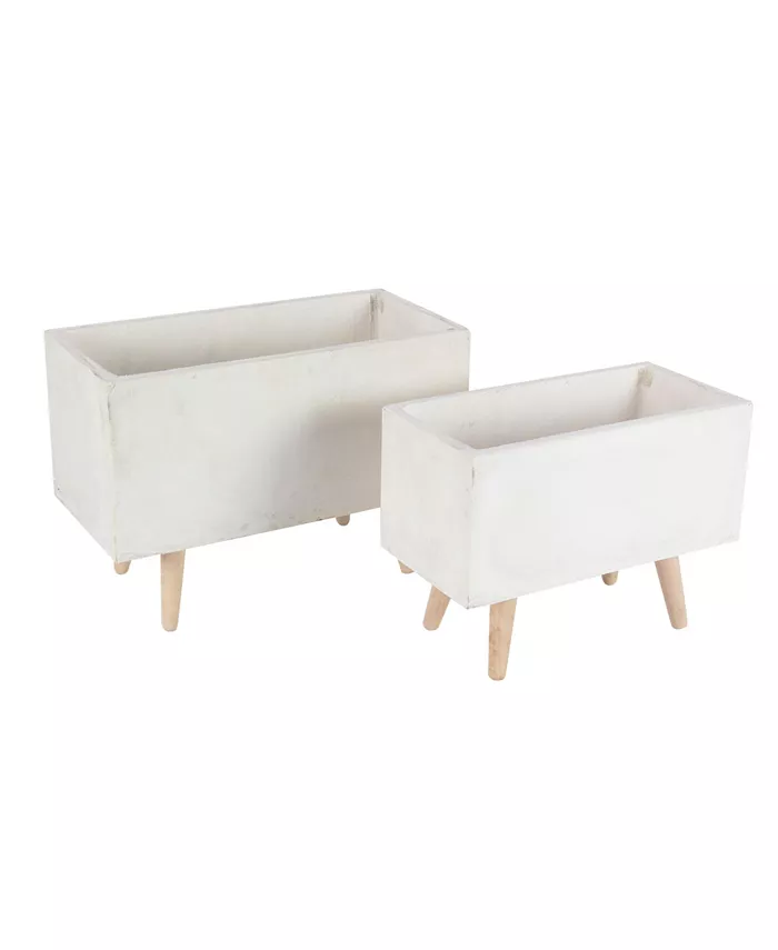 Rosemary Lane Contemporary Style Large Rectangular Outdoor Planters with Mid Century Wood Legs， Set of 2