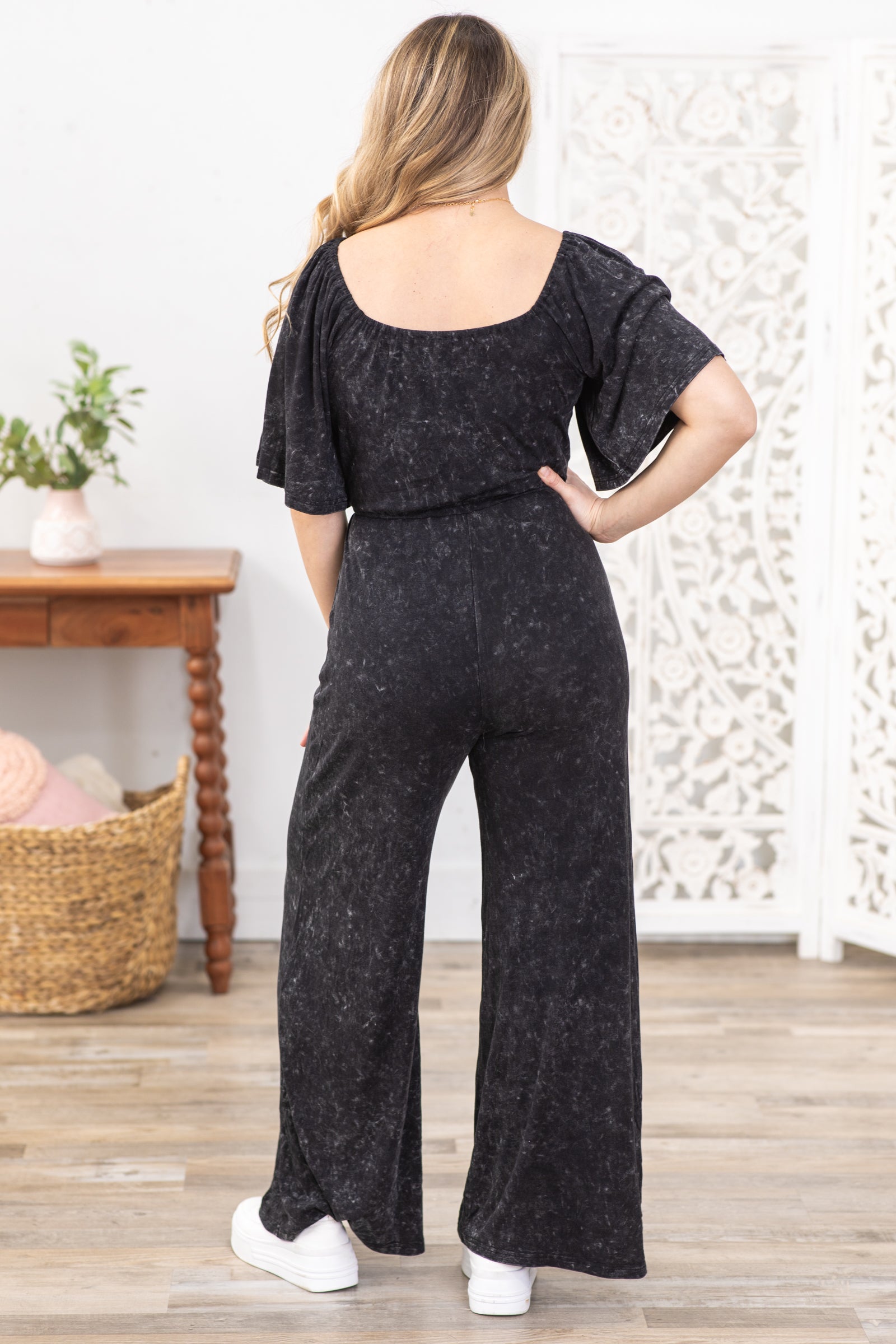 Black Washed Short Sleeve Jumpsuit