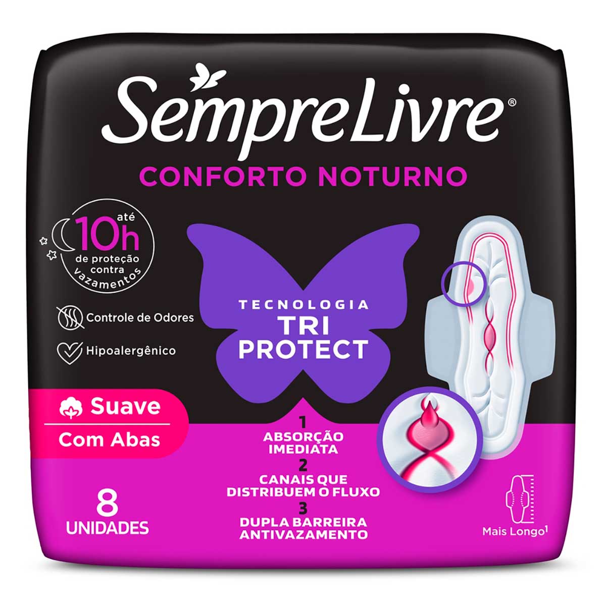 Absorvente com Abas Sempre Livre Conforto Noturno Suave 8 Unidades