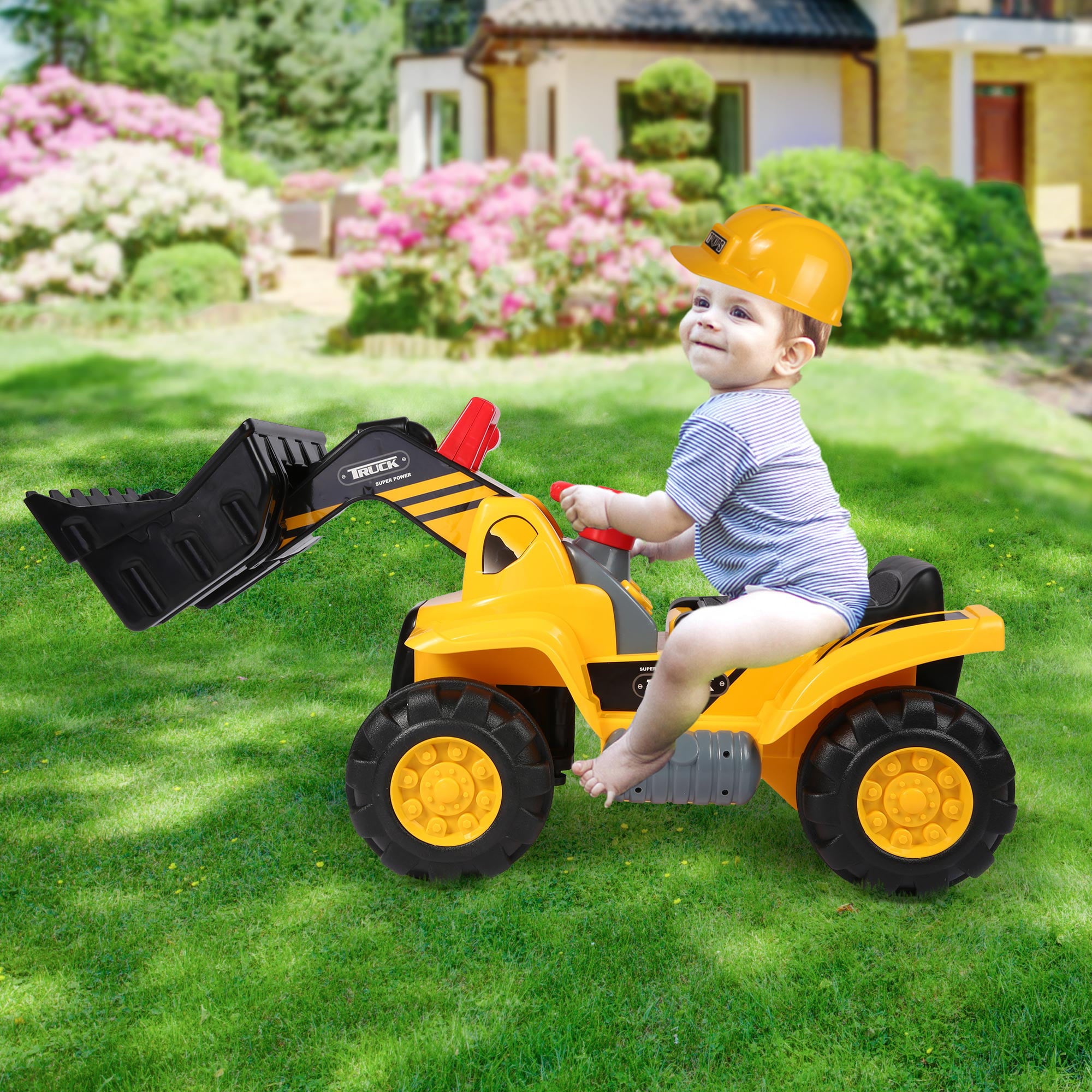 KARMAS PRODUCT Toddlers Ride-on Bulldozer Toy with Simulated Sounds - Kids Boys Construction Truck Vehicle with Bucket， Steering Wheel， Helmet， Rocks