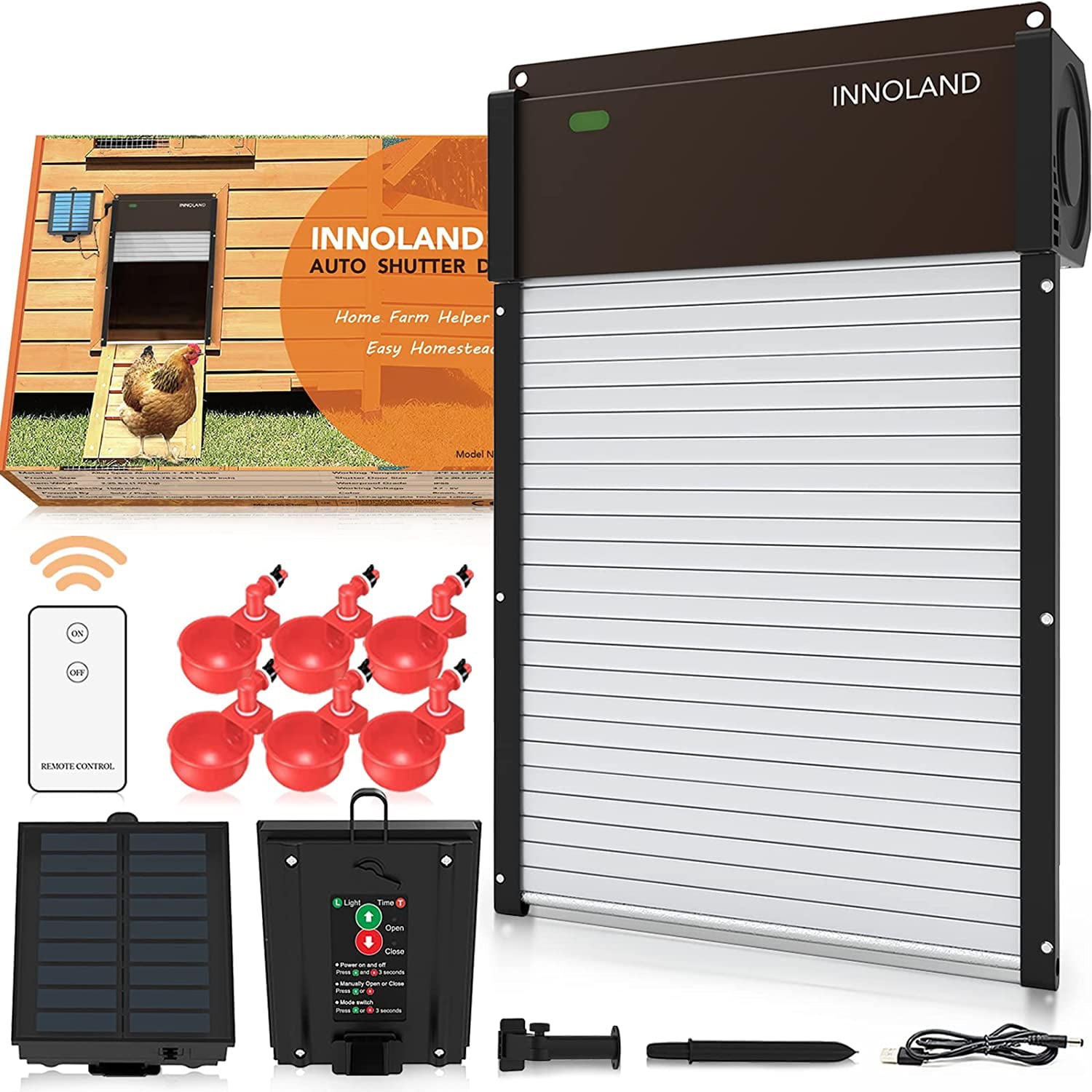 INNOLAND Automatic Chicken Coop Door Solar Powered， Aluminum Frame with Light-Weight AES Roller Shutter， Light Sensor， Daily Programmable Timer， Remote Control