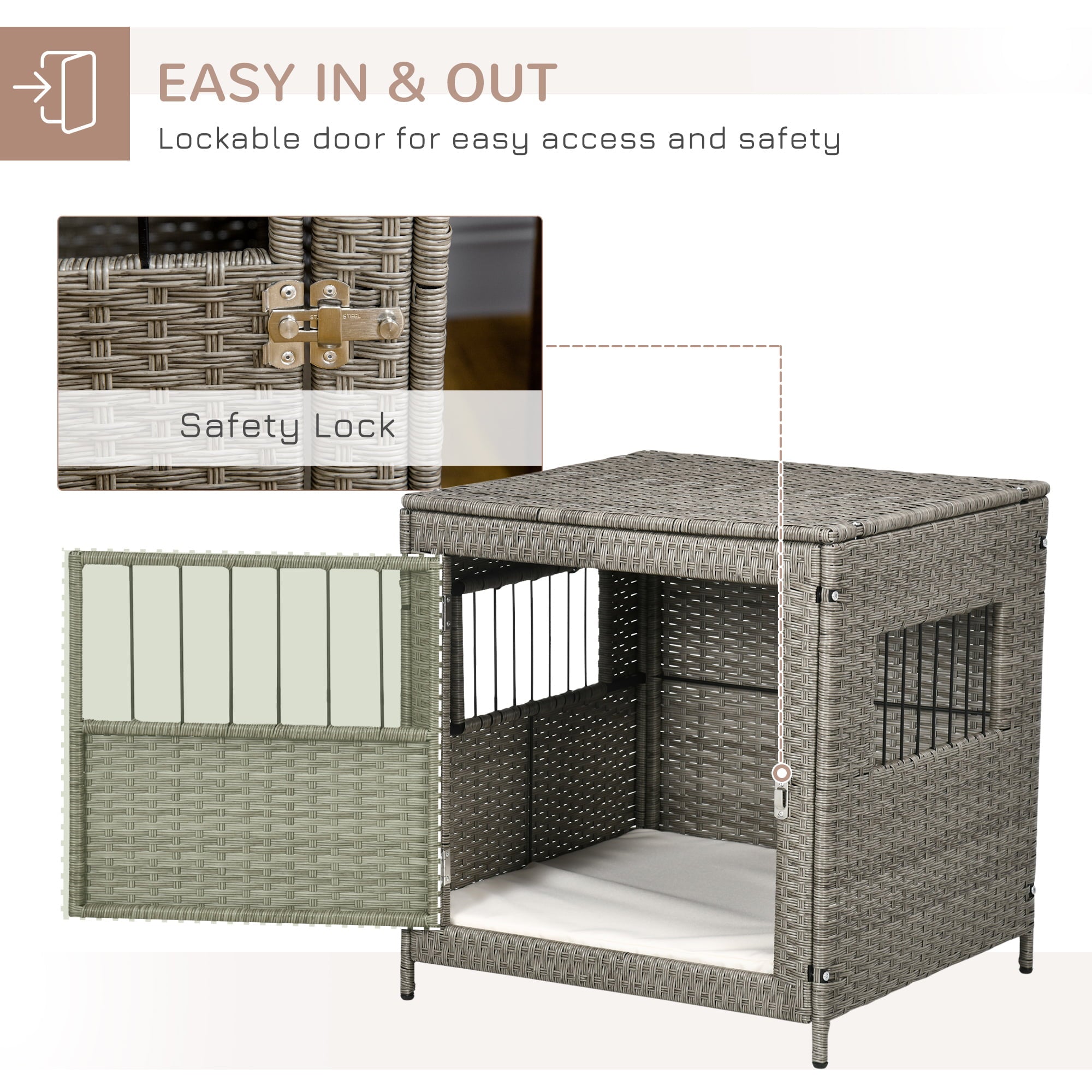 PawHut Rattan Dog Crate， Wicker Dog Cage with Lockable Door and Soft Washable Cushion， Dog Kennel Furniture for Small Sized Dogs， Grey