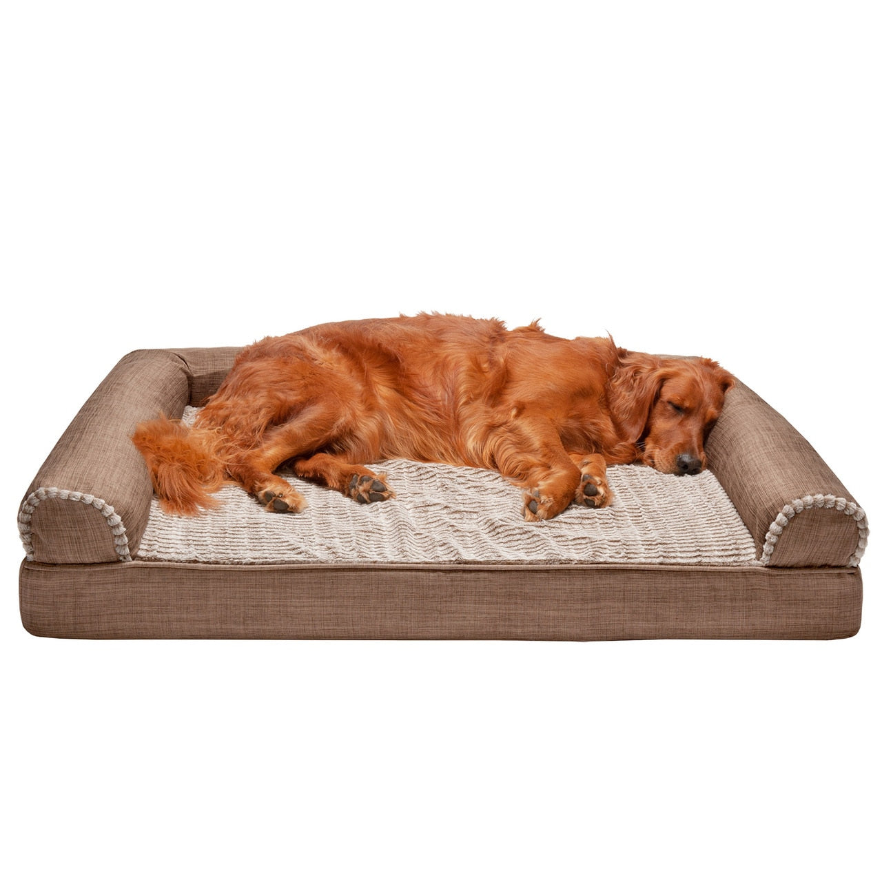 FurHaven Pet Products | Memory Foam Luxe Fur and Performance Linen Sofa Pet Bed for Dogs and Cats - Woodsmoke， Jumbo