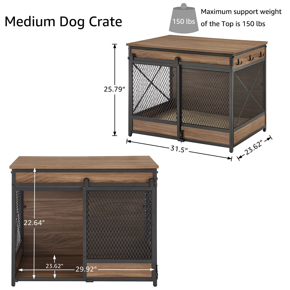 Unipaws Furniture Style Dog Crate， Wooden Mesh Pet Kennels with Cushion and Hooks， Dog House Indoor Use， Walnut