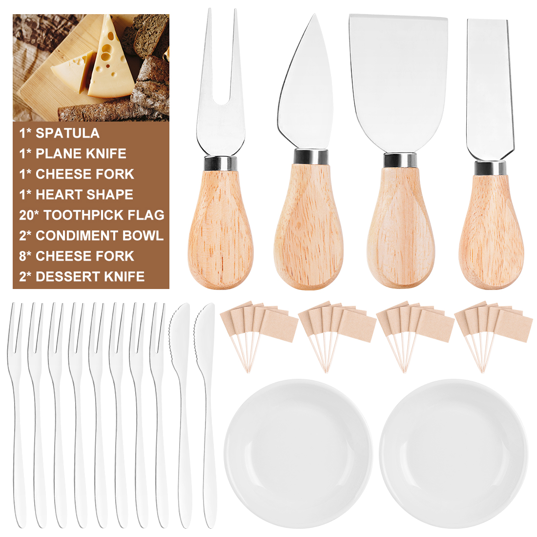 TOPNEW Bamboo Cheese Board and Knife Set Charcuterie Platter Serving Tray Set with 4 Knives 8 Forks 2 Seasoning Bowls 20 Cheese Labels Gift  for Housewarming Wedding Birthday