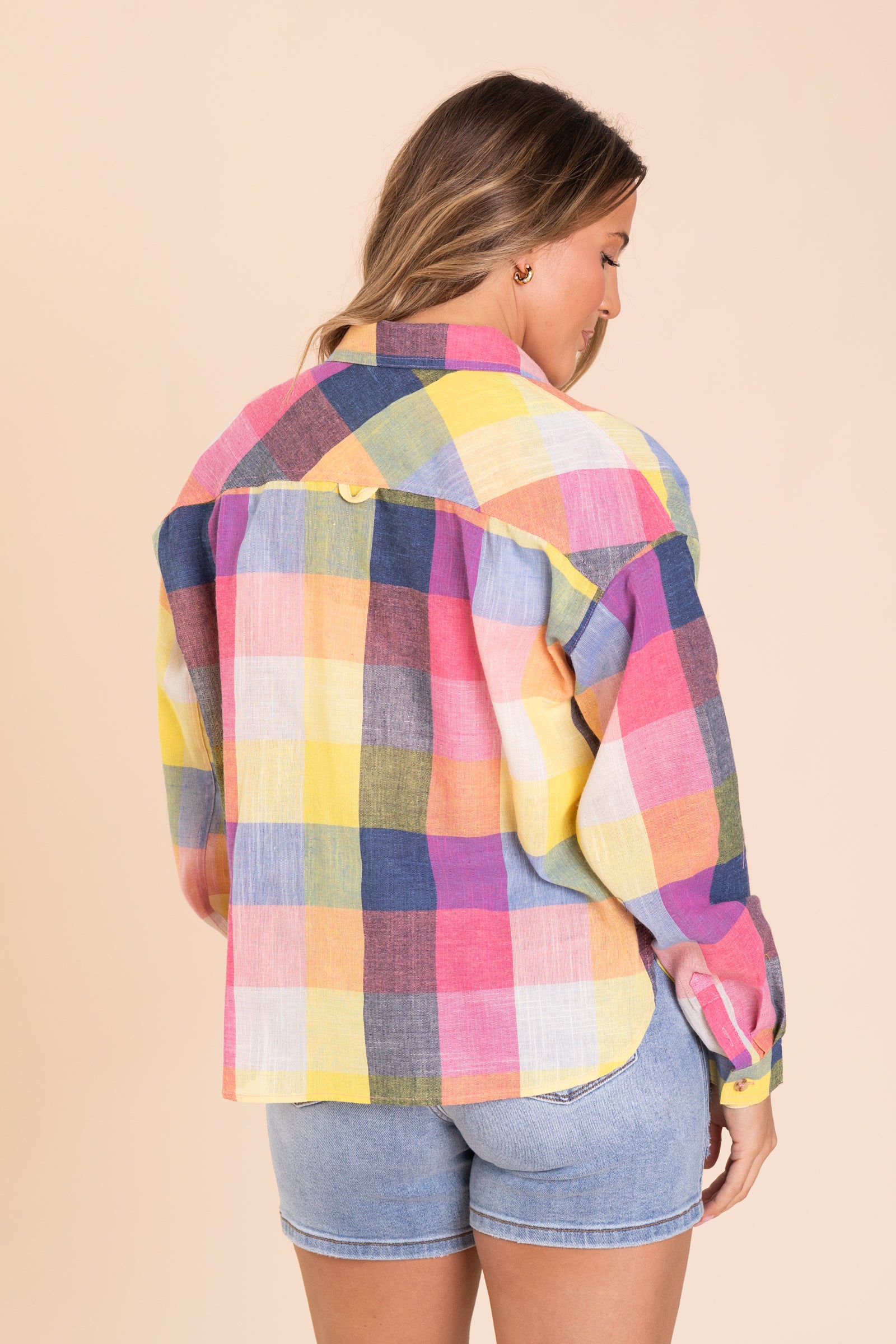 Pink Plaid Linen washed Button Down Shirt