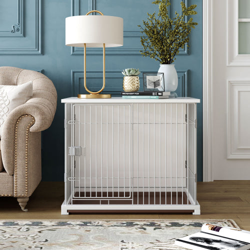 White Dog Crate， 34” Length Single Door Pet Dog House Cage with Movable Salver