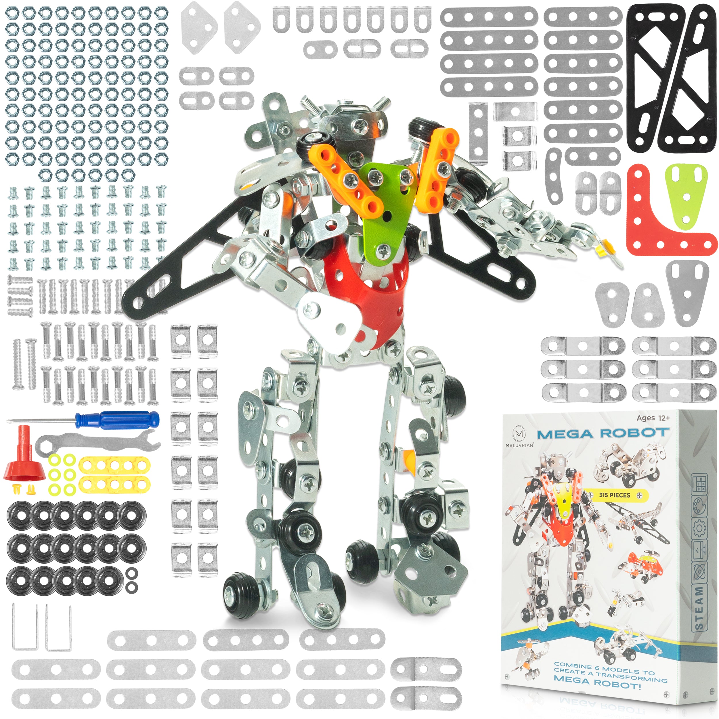 MALUVRIAN Erector Set Transformer Mega Robot for Boys - Girls 7-in-1 Metal Model Kits for Adults Teens Advanced Kids Stem Toy Educational Engineering