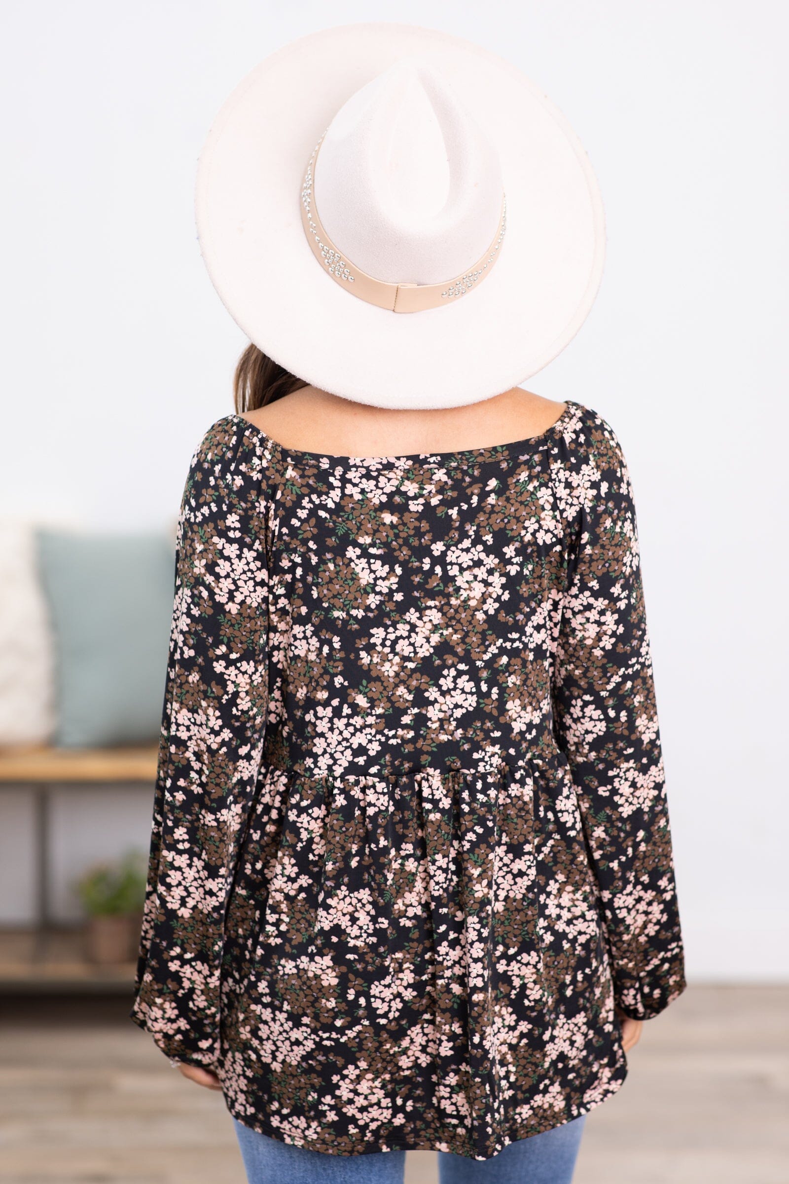 Black and Brown Ditsy Floral Babydoll Top