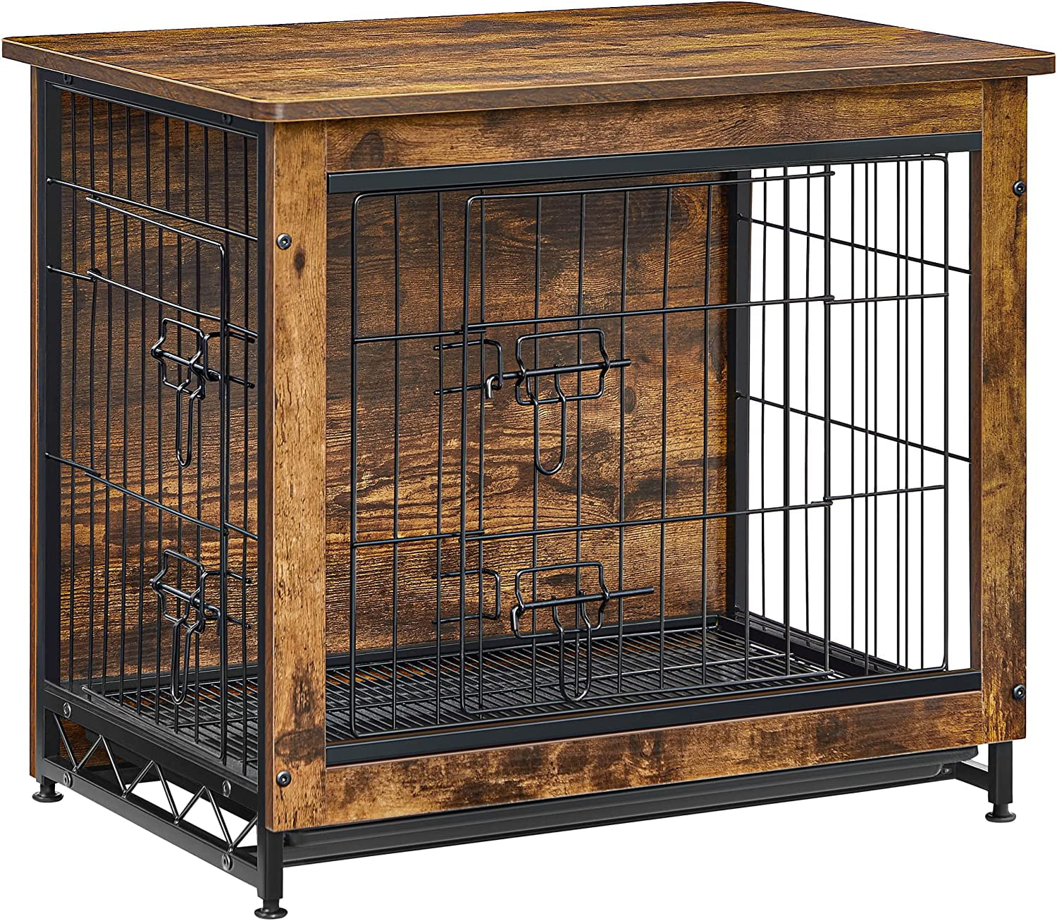 FEANDREA Dog Crate Furniture， Double-Door Dog House， Rustic Brown
