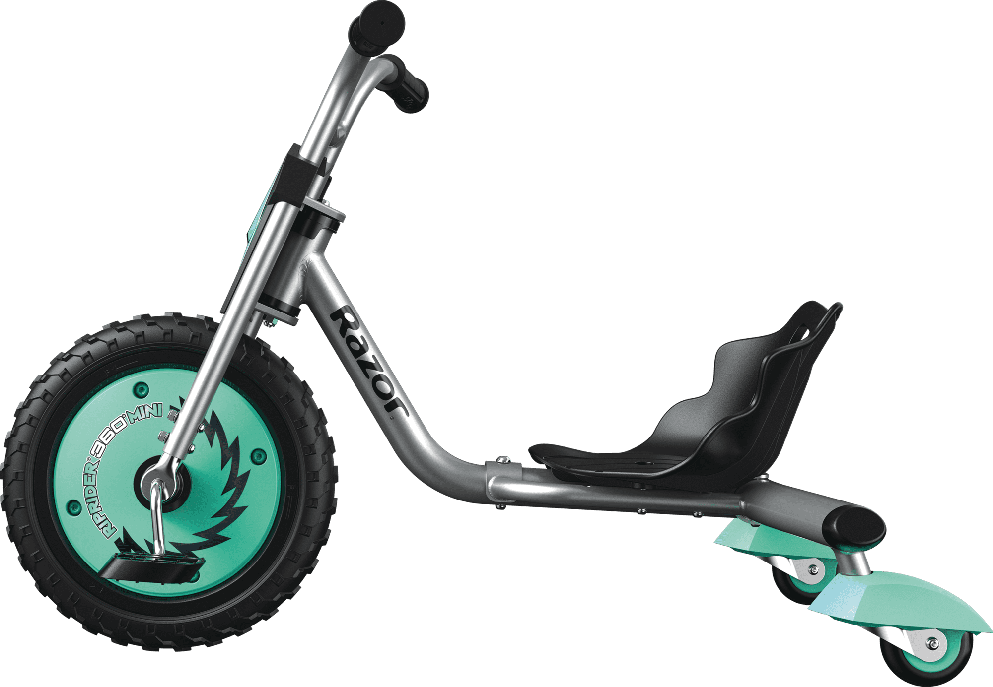 Razor RipRider 360 Mini - Teal， 360 Degrees Caster Tricycle， Dual Inclined Rear Casters， Durable Welded Steel， Adjustable Bucket Seat