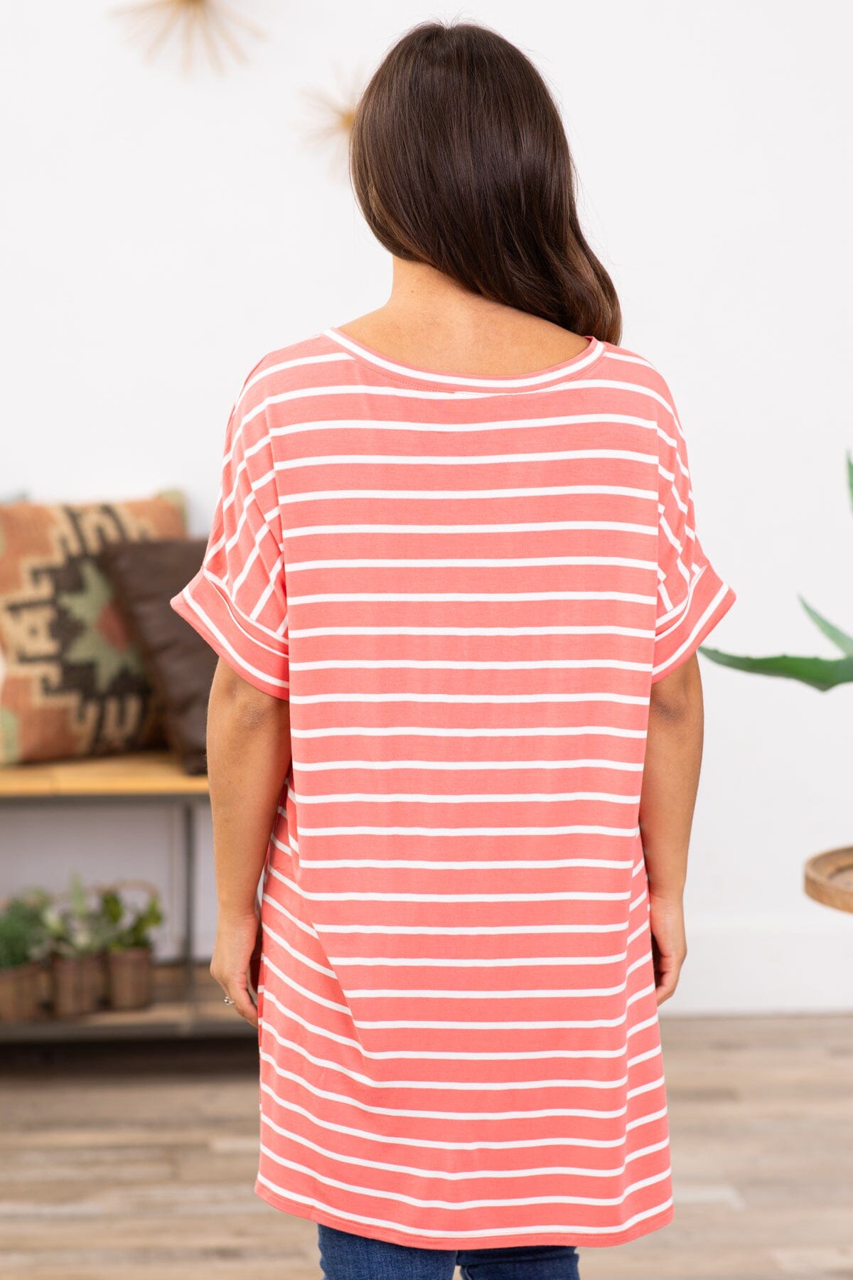 Coral and Off White Stripe V-Neck Top