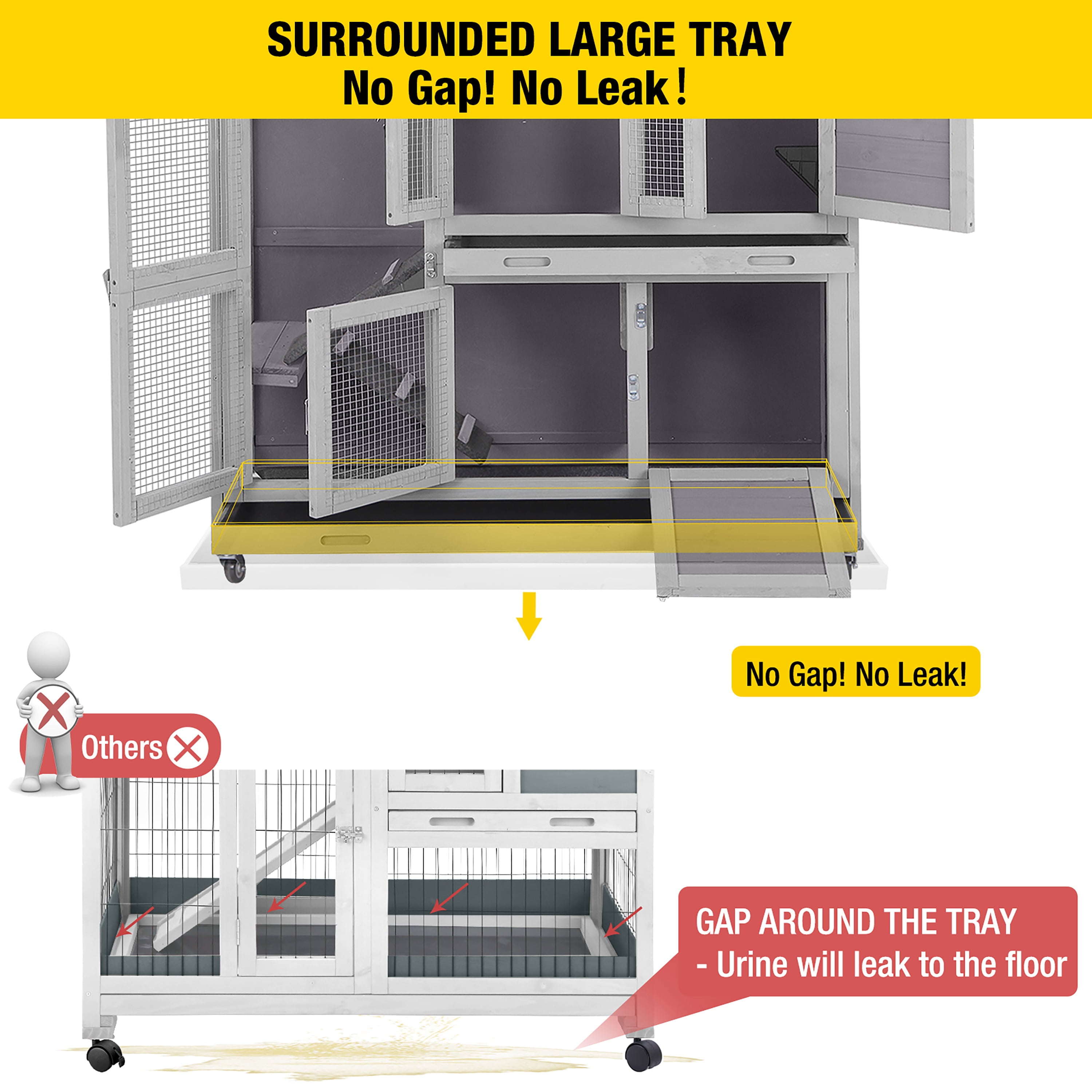 Morgete Wood Rabbit Hutch Bunny Cage with Wheel， Two Layer Guinea Pig House for Outdoors and Indoors