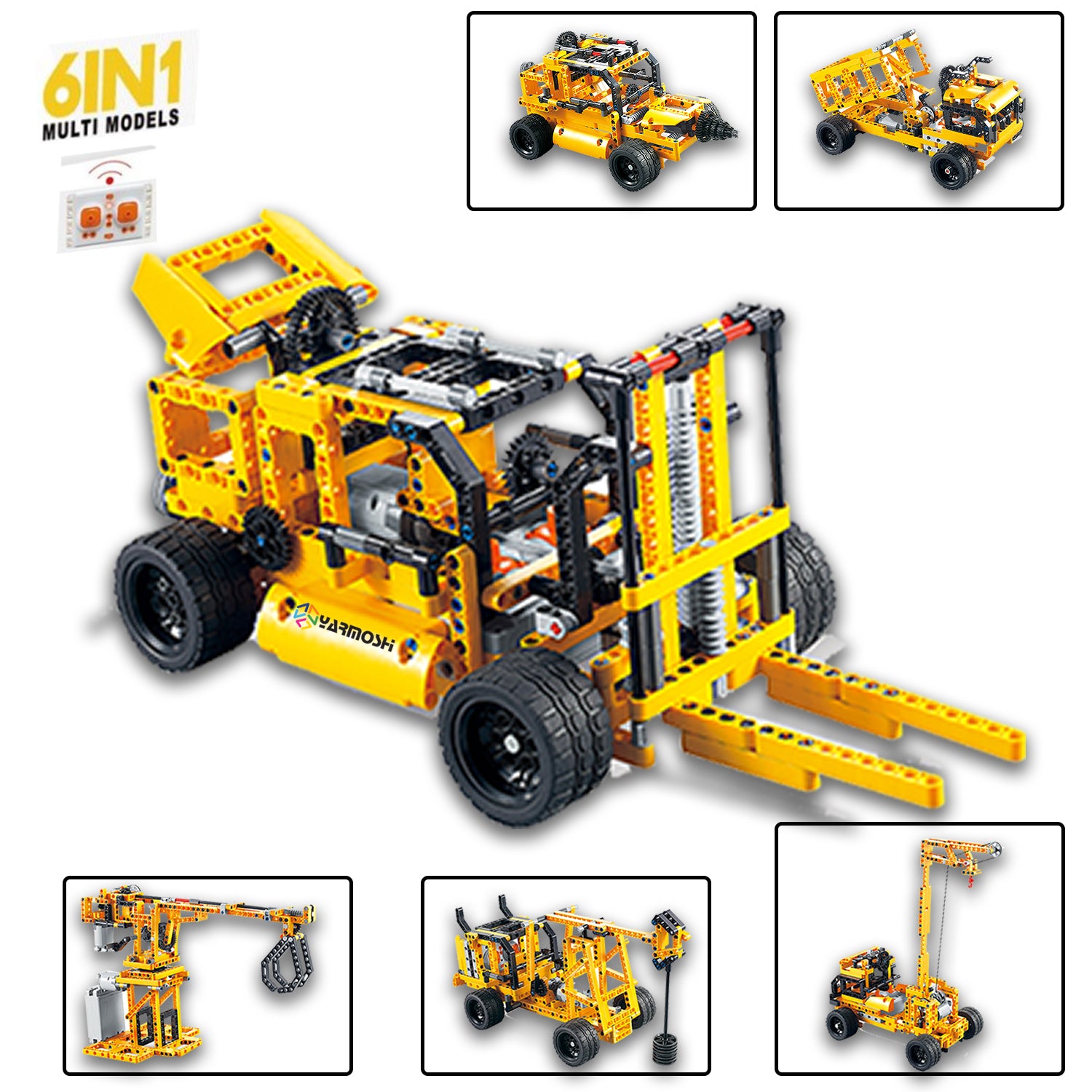 YARMOSHI RC Building Blocks Large Truck Turns Into Car and Crane Engineering Educational STEM Gift for Boys and Girls Model Cars Kit 718 PCS Remote Control USB Charger for Kids Teens Adults
