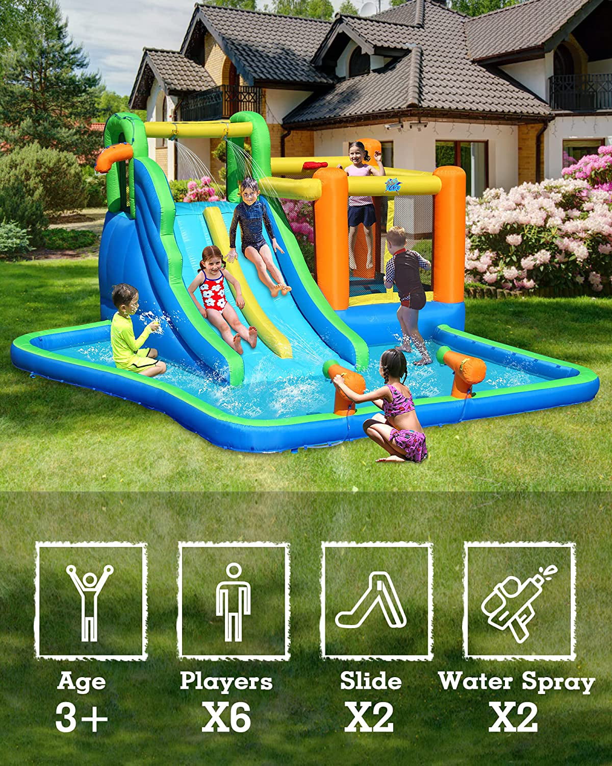 Action Air Bounce House or Water Slide， 7-in-1 Inflatable Bouncer Combo with Large Pool， Fun Bounceing Area with Basketball Hoop， Long Double Slide with 2 Water Sprays， Air Blower Included