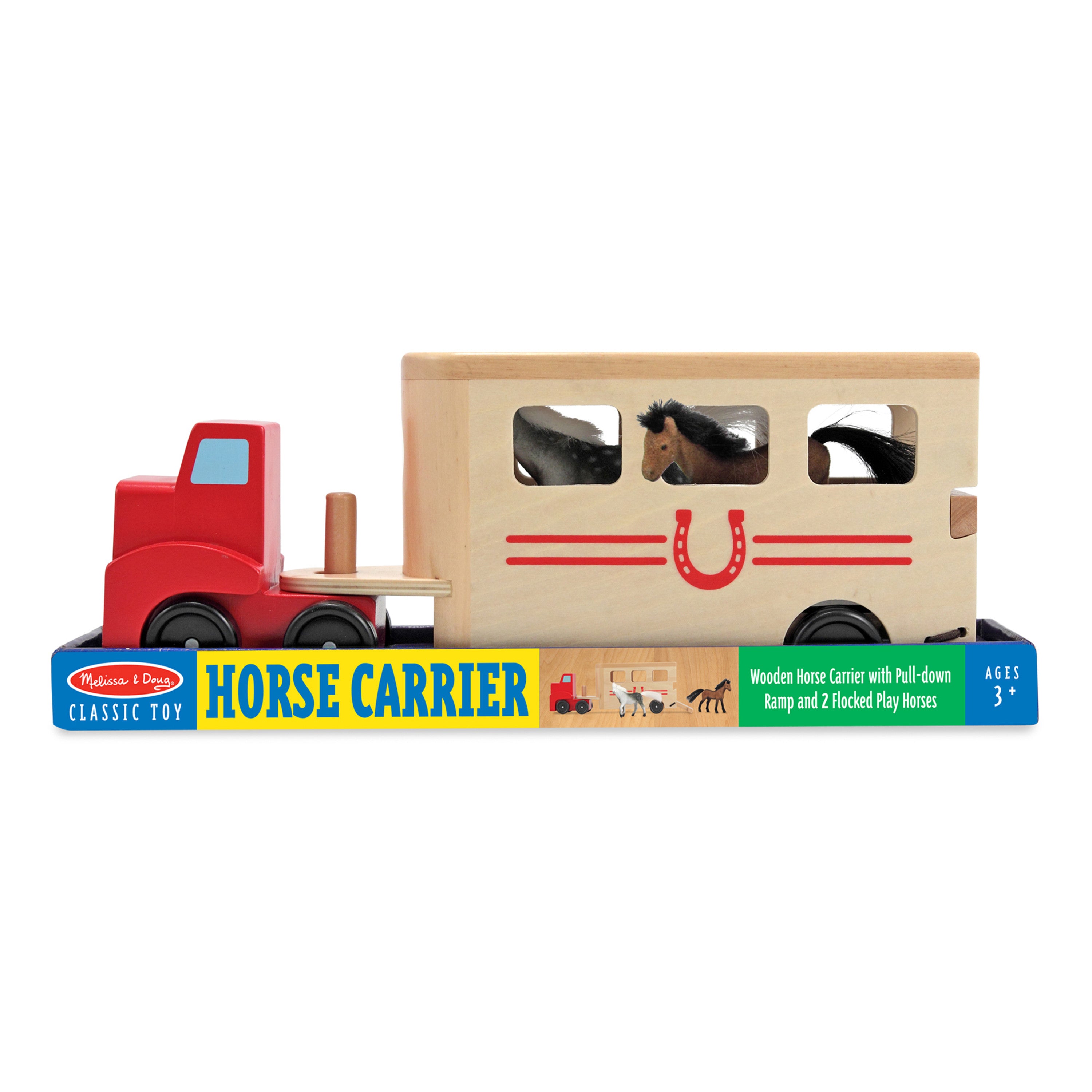 Melissa and Doug Horse Carrier Wooden Vehicle Play Set With 2 Flocked Horses and Pull-Down Ramp