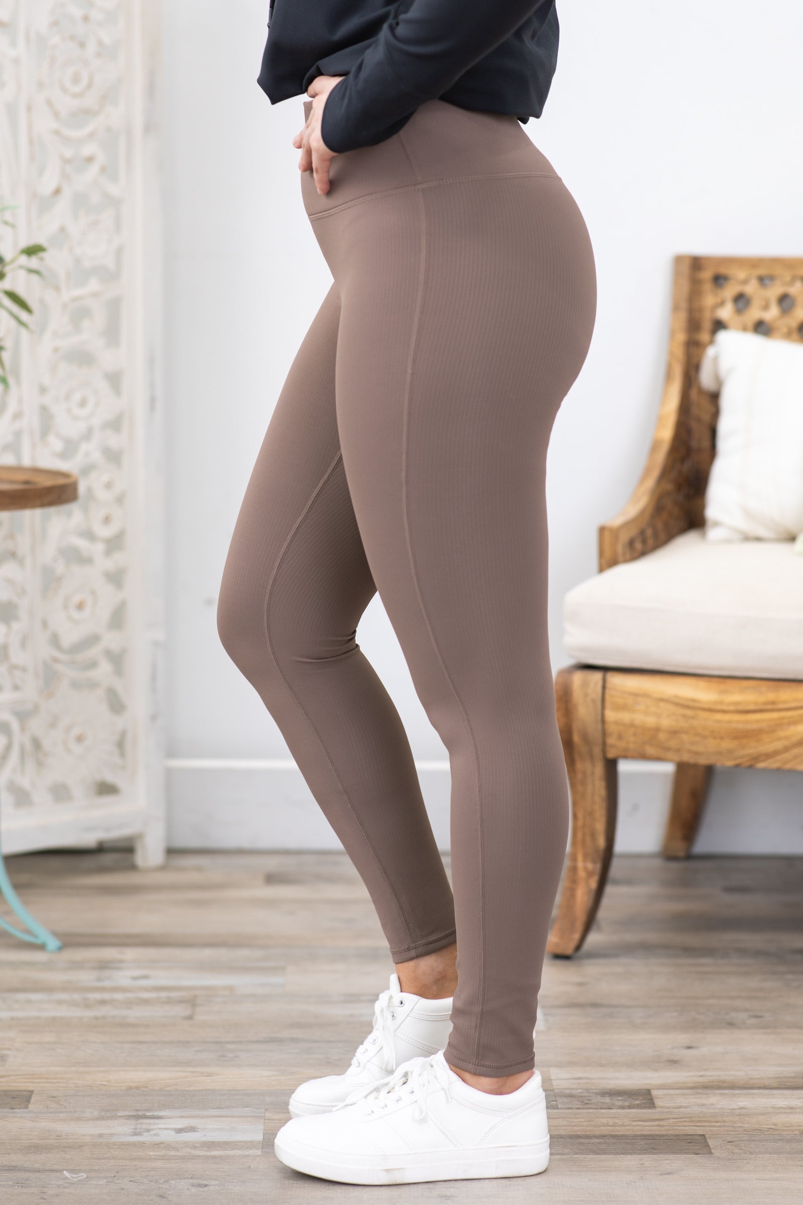 Mocha Jacquared Ribbed High-Waisted Leggings