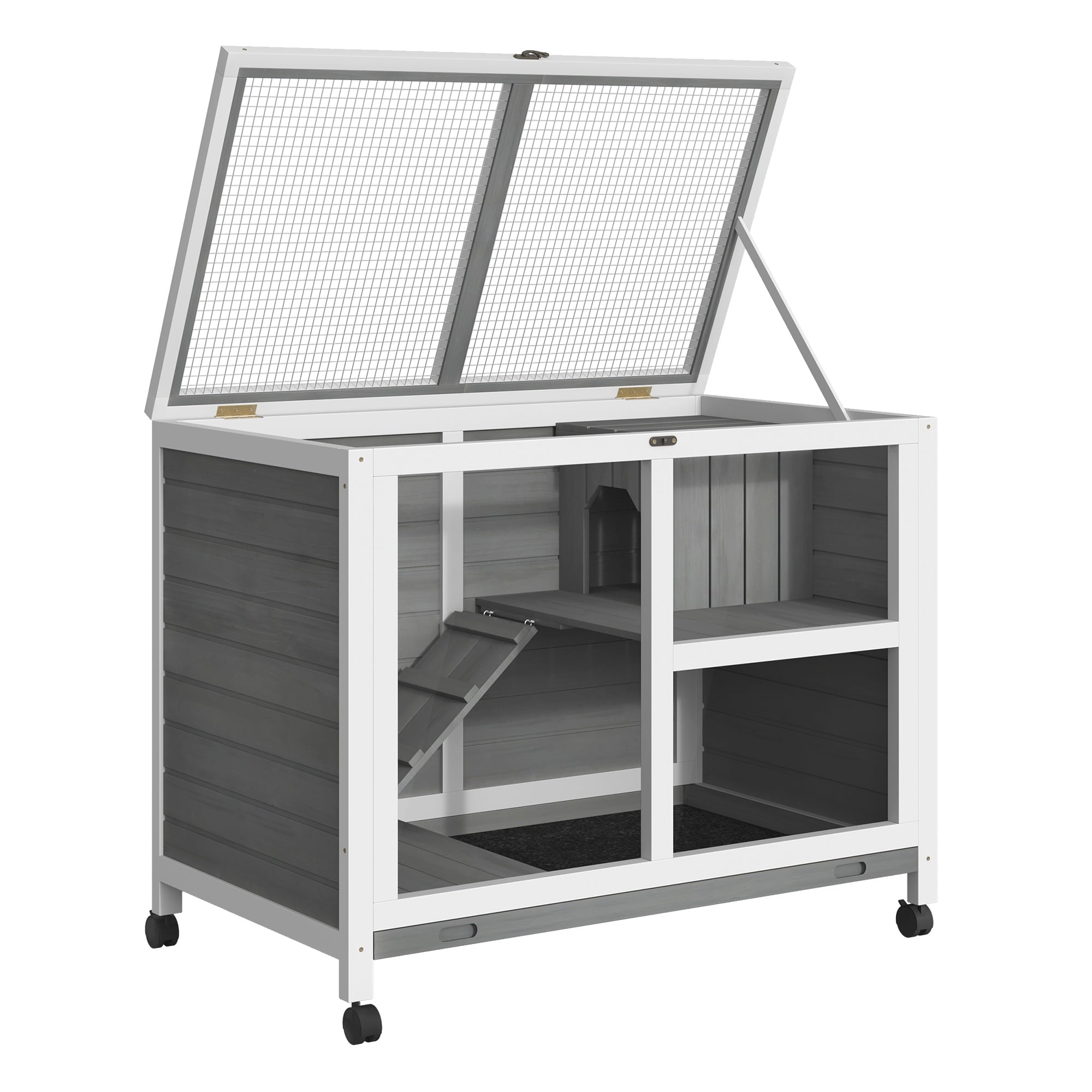 PawHut Indoor Rabbit Hutch with Wheels， Desk and Side Table Sized， Wood Rabbit Cage， Waterproof Small Rabbit Cage， Gray